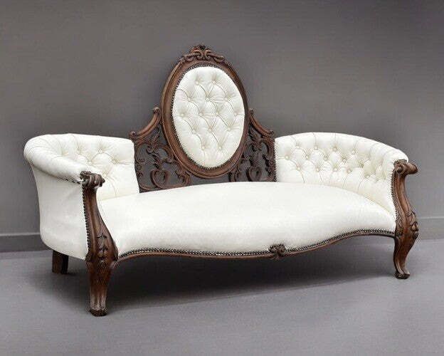 Victorian Sofa In White Leather, Walnut Show Frame, Cabriole Legs.