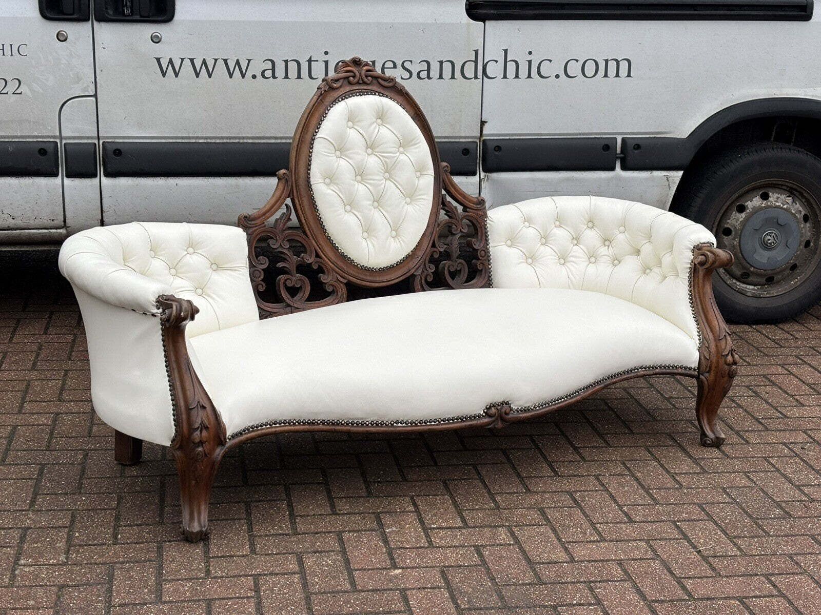 Victorian Sofa In White Leather, Walnut Show Frame, Cabriole Legs. photo furniture