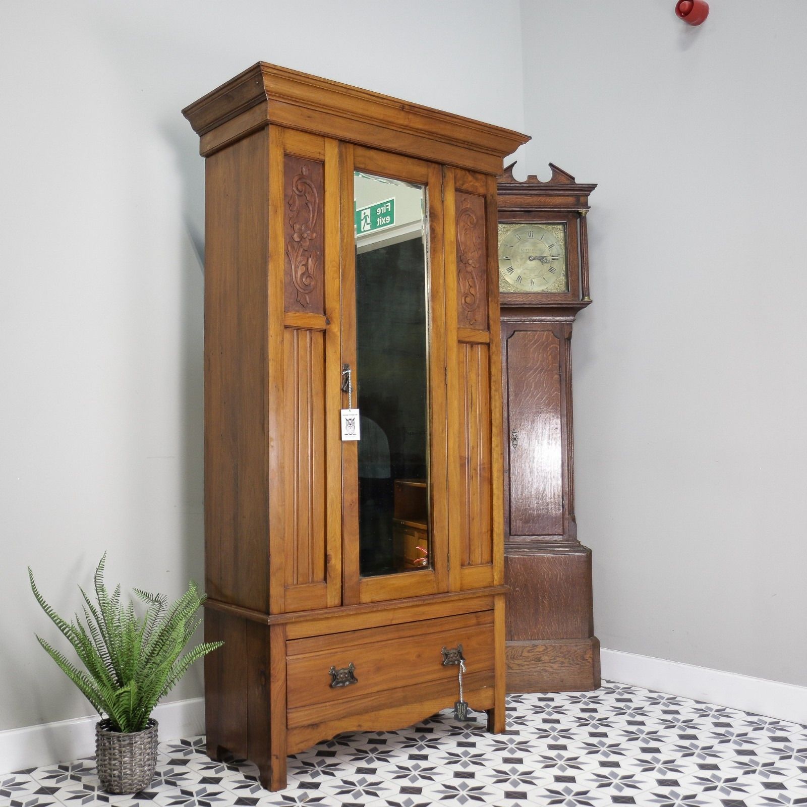 Edwardian Walnut And Carved Mahogany Wardrobe With Bevel Edged Mirrors & Drawer