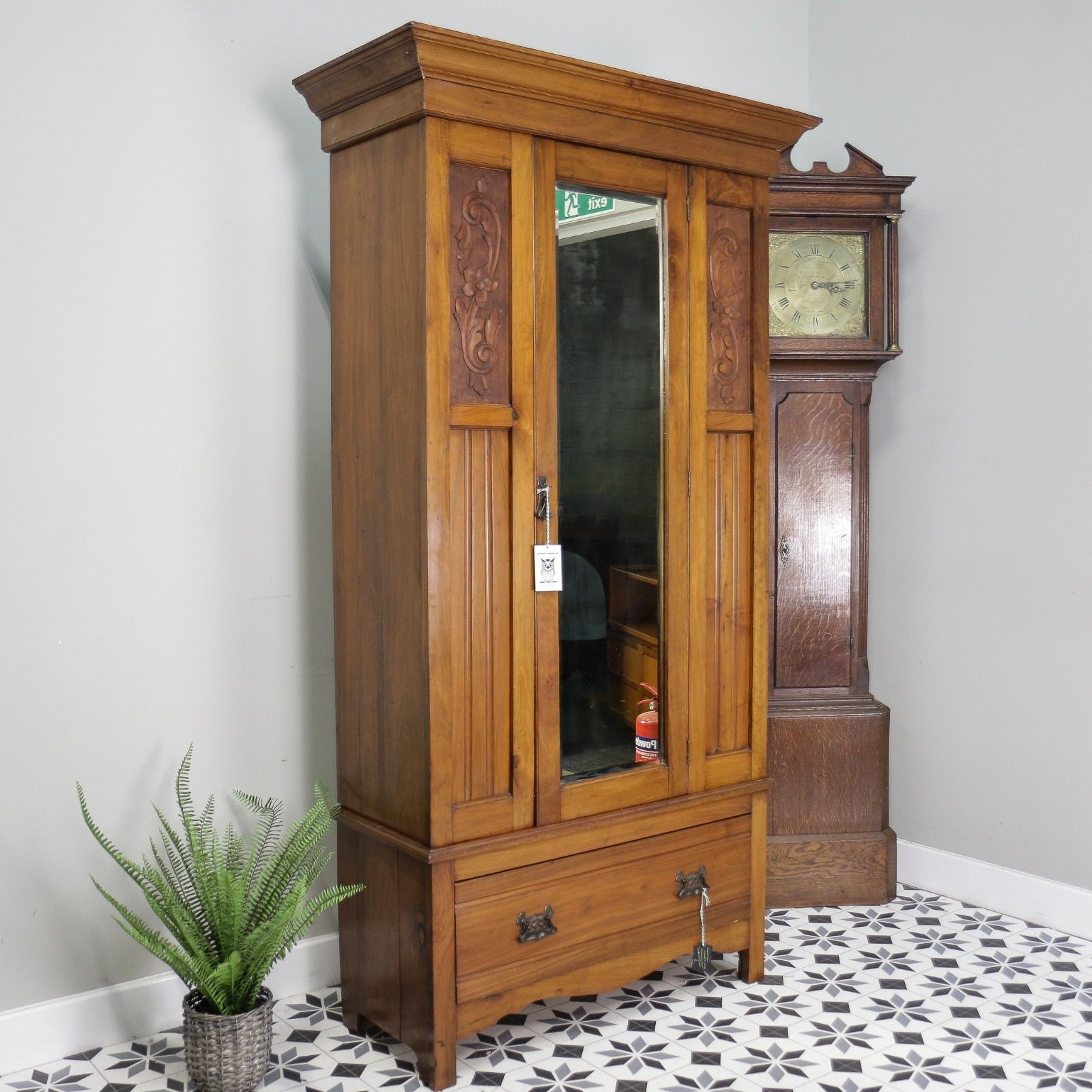 Edwardian Walnut And Carved Mahogany Wardrobe With Bevel Edged Mirrors & Drawer photo Furniture