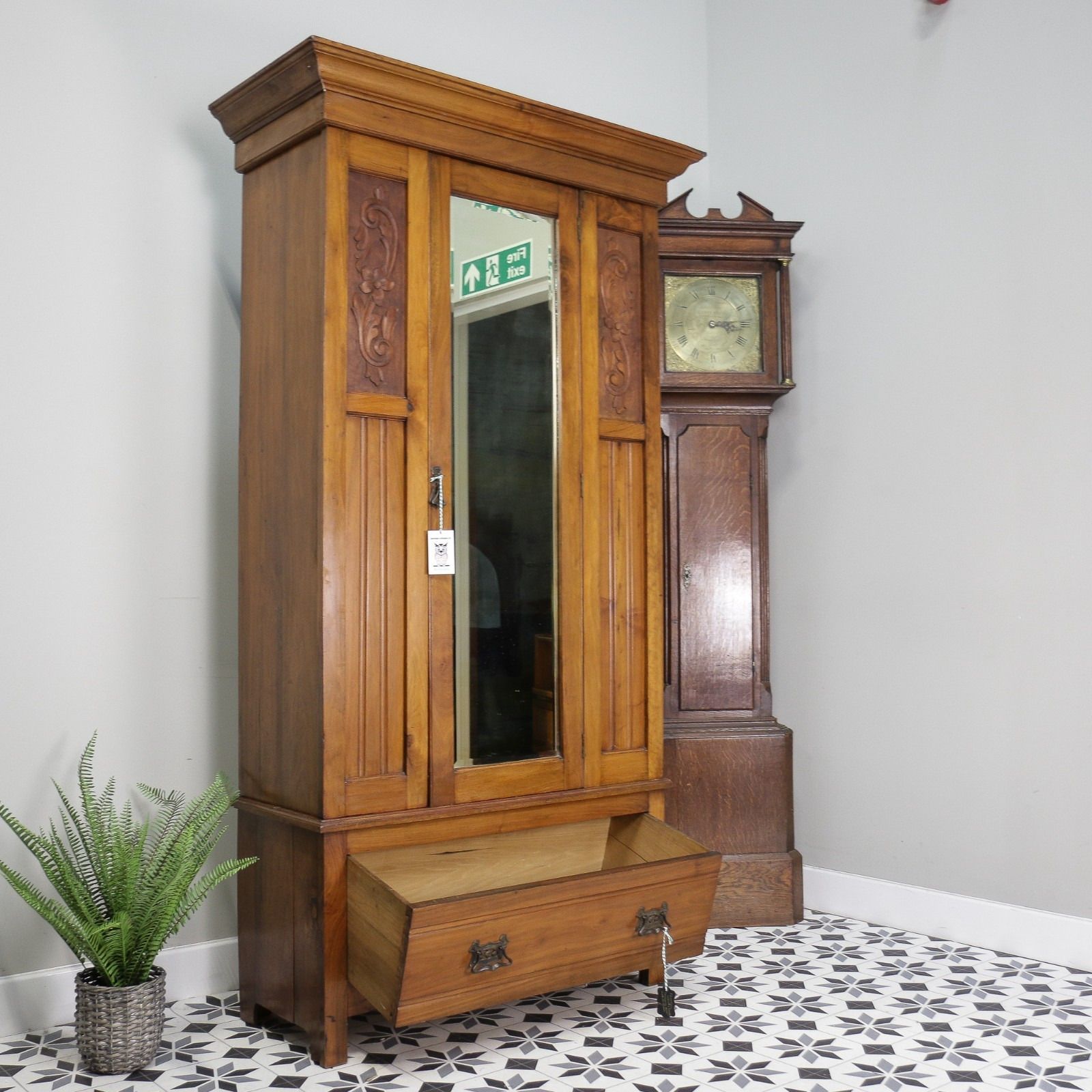 Edwardian Walnut And Carved Mahogany Wardrobe With Bevel Edged Mirrors & Drawer photo vintage