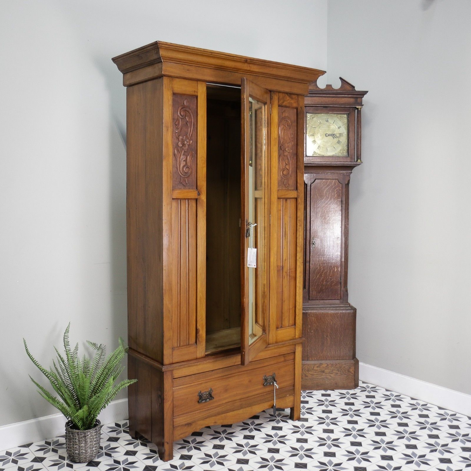 Furniture Edwardian Walnut And Carved Mahogany Wardrobe With Bevel Edged Mirrors & Drawer photo