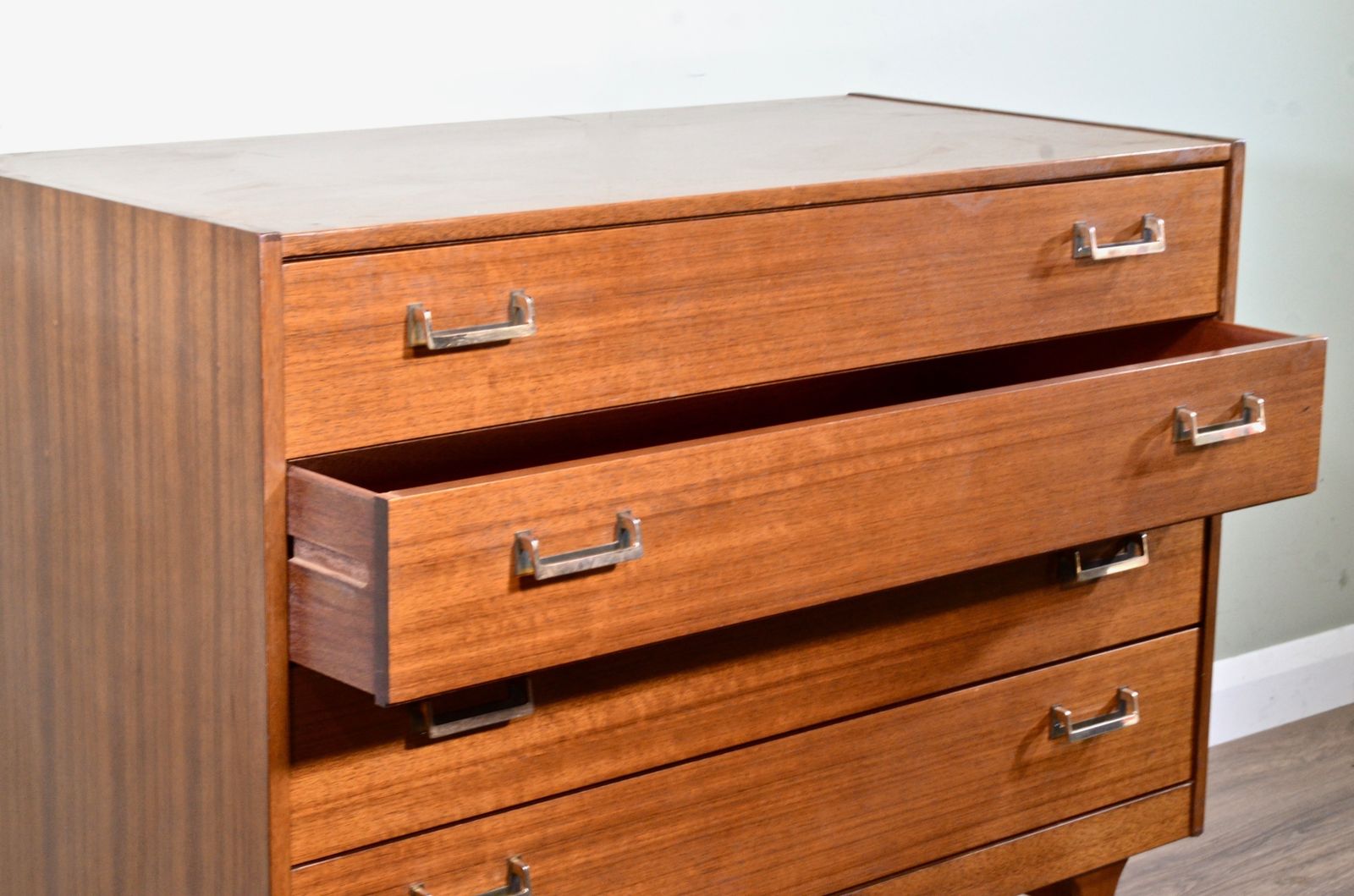 Midcentury Walnut And Brass Chest Of Drawers By G Plan. Vintage / Modern / Danish Style. photo for sale