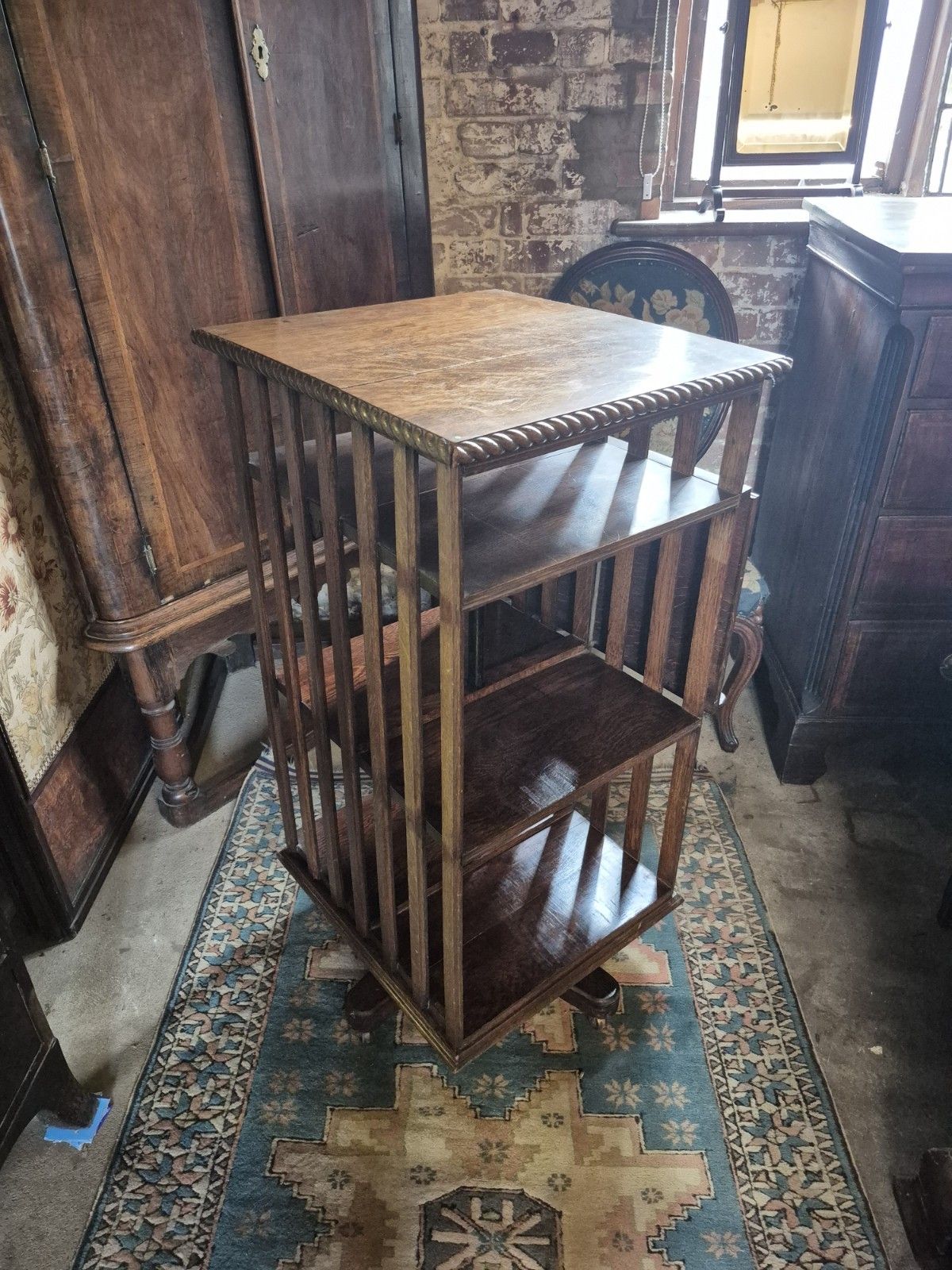 photo vinterior Epic Revolving Vintage Edwardian Oak Library Bookcase With Folding Reading Stand