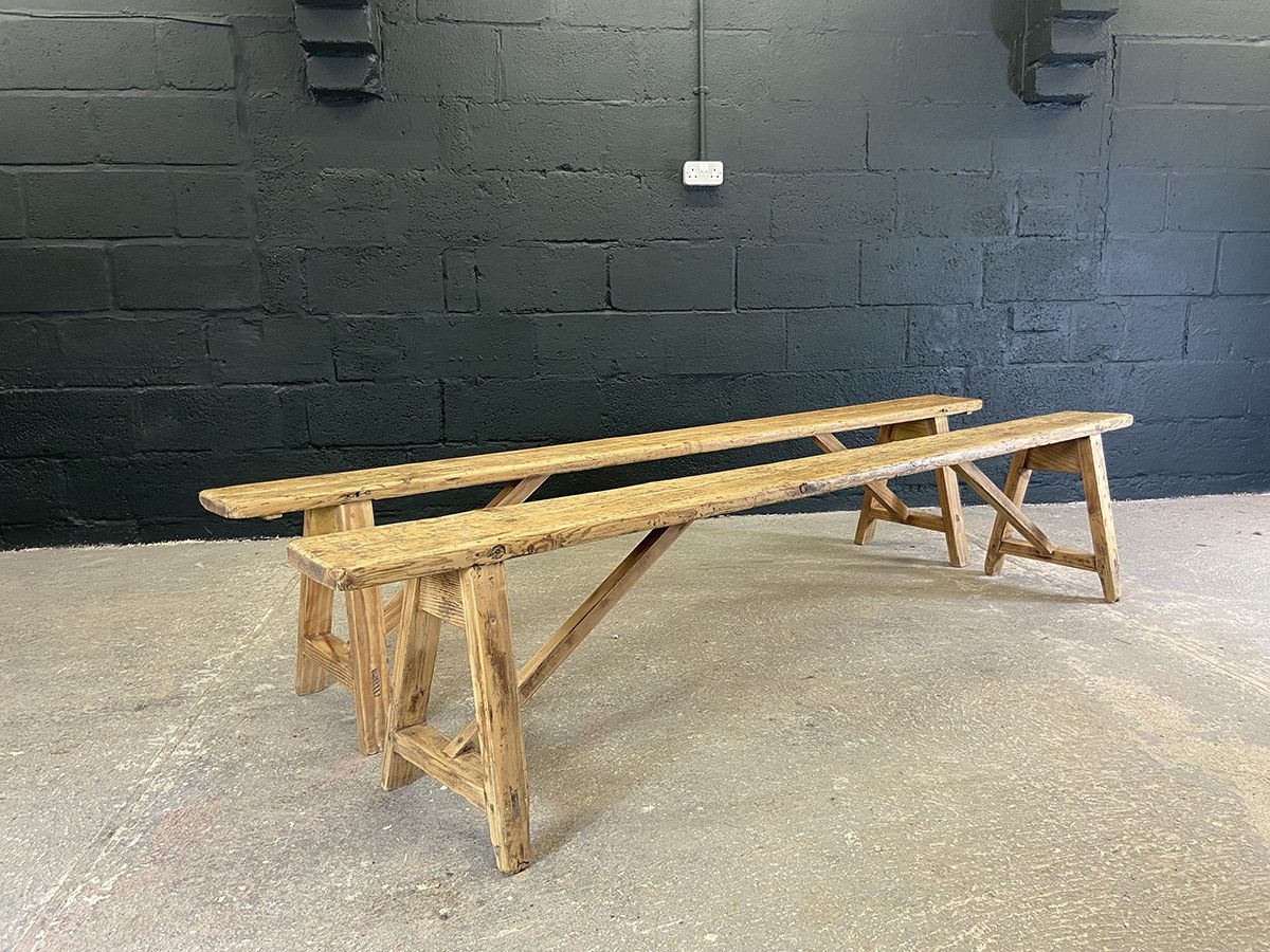 Pair Of Rustic French Pine Farmhouse Benches