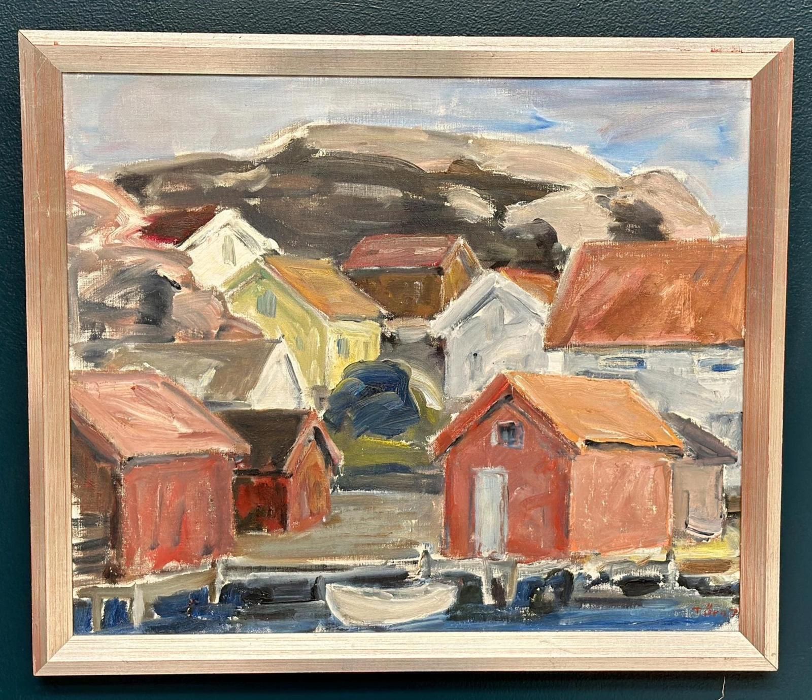 Original Mid Century Swedish Oil On Canvas – “Coastal Village” By Tryggve örn  Vintage & Framed – 59.5 × 50.5 Cm (23.4" × 19.9") photo furniture