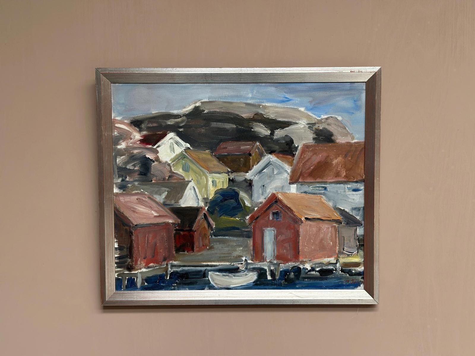 photo vinterior Original Mid Century Swedish Oil On Canvas – “Coastal Village” By Tryggve örn  Vintage & Framed – 59.5 × 50.5 Cm (23.4" × 19.9")