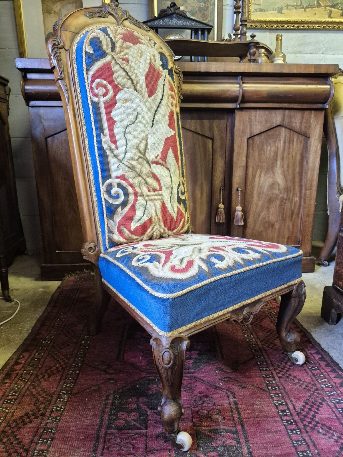 Fab Victorian Gothic Walnut Tapestry & Velvet Upholstered Prie Dieu Prayer Chair
