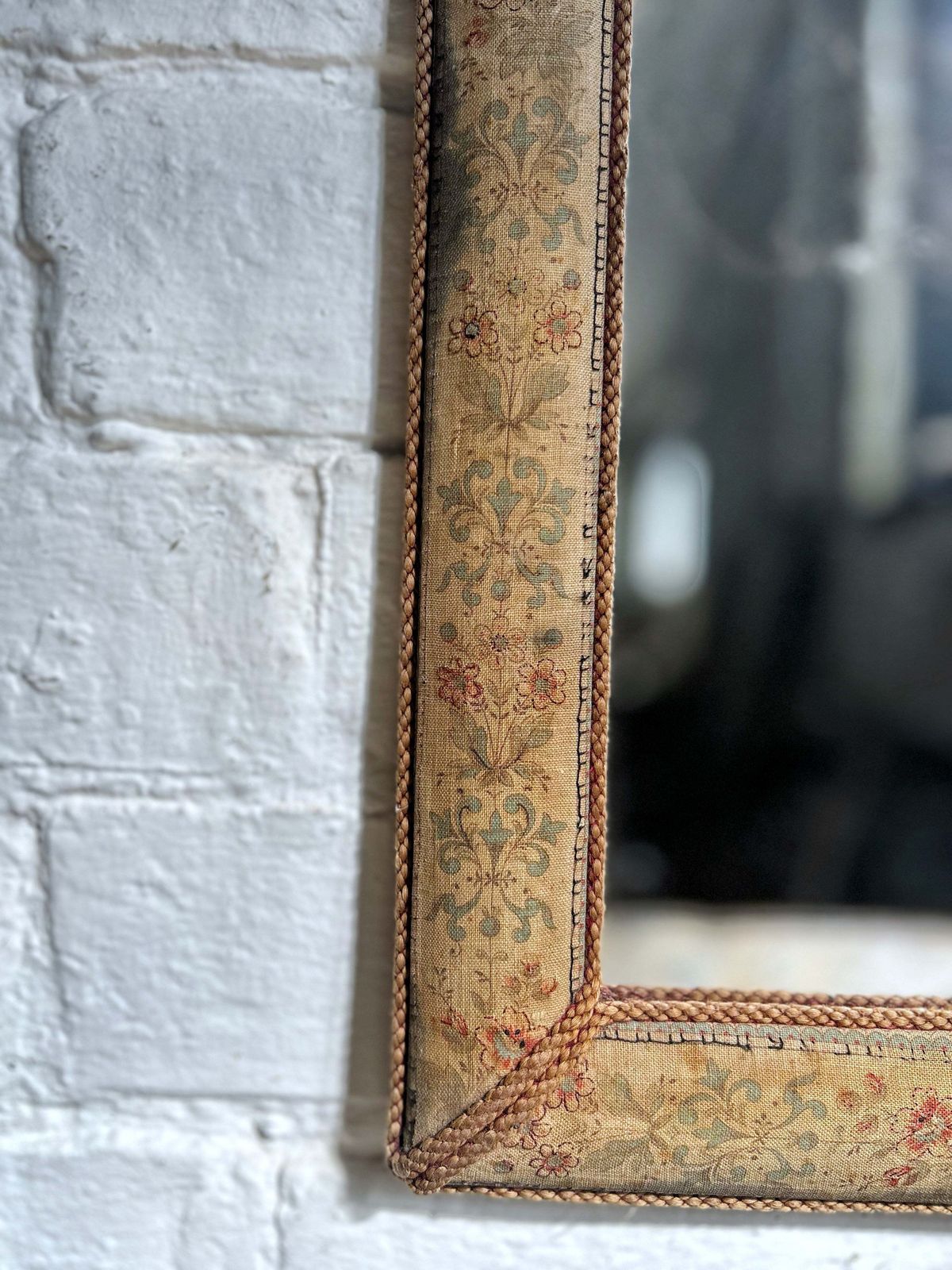 Antique Cushion Frame Floral Tapestry Style Covered Fabric Mirror With Decorative Rope Piping photo Home Decor
