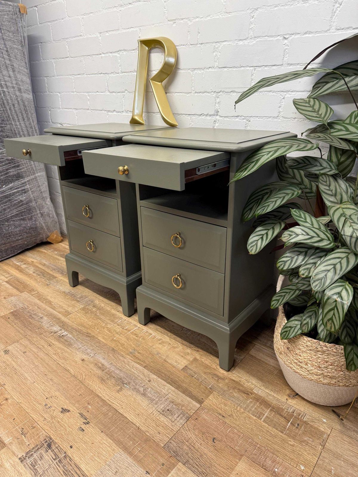 Stag Minstrel Bedside Tables Pair Painted Hornblende Green | Tall Narrow Nightstands photo buy