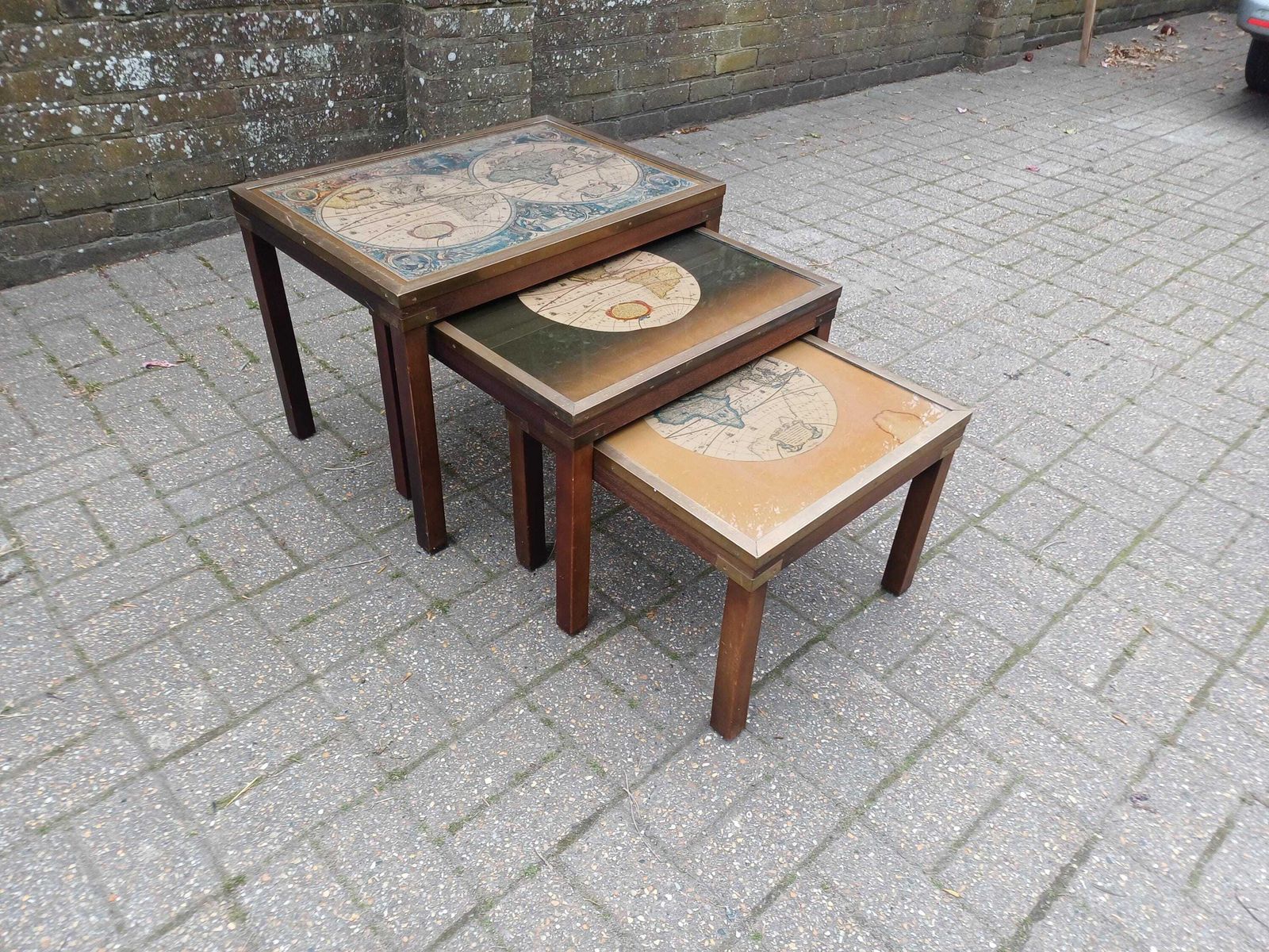 Vintage 1980s Teak Brass Glass Nest Of 3 Map Tables Coffee Side Tables World Map Mid Century Style Retro Furniture