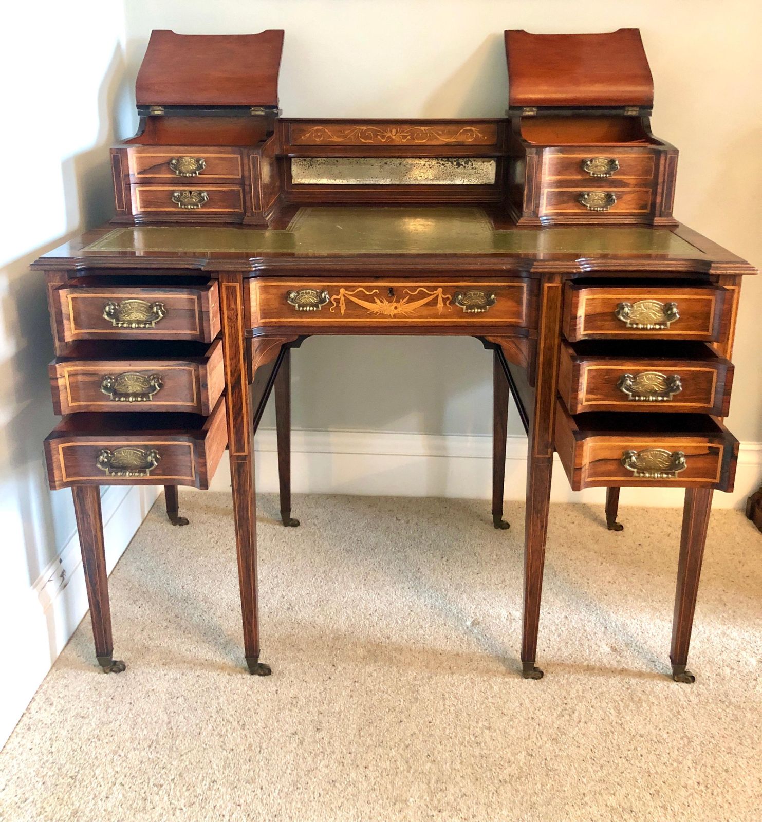 Fine Quality Antique Victorian Freestanding Maple & Co. Inlaid Writing Desk photo furniture