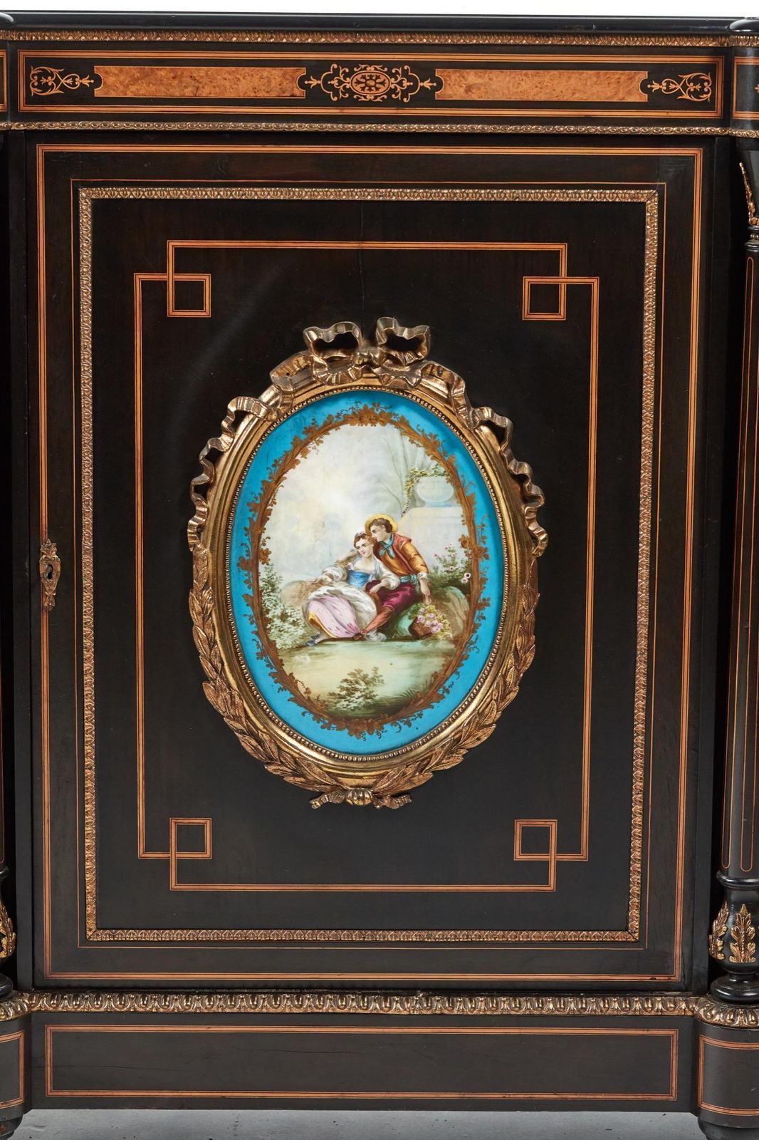 Fine French Antique Ebonised And Amboyna Credenza With Large Sevres Style Plaque photo furniture