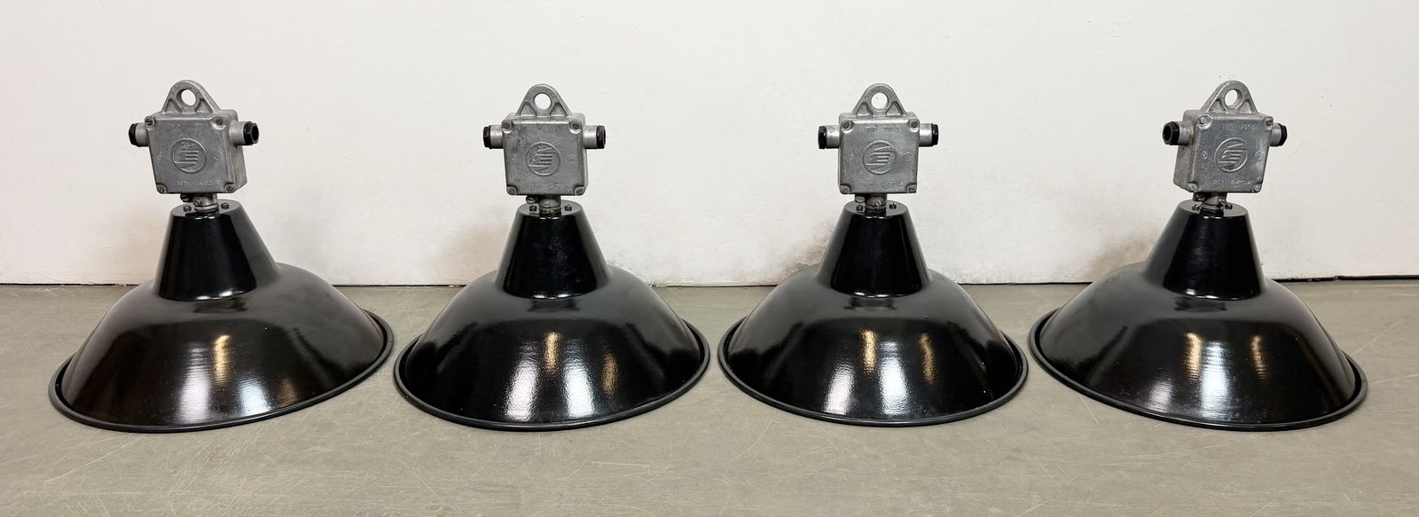 photo for sale Set Of 4 Industrial Black Enamel Pendant Lamps From Elektrosvit, 1960s, 49x