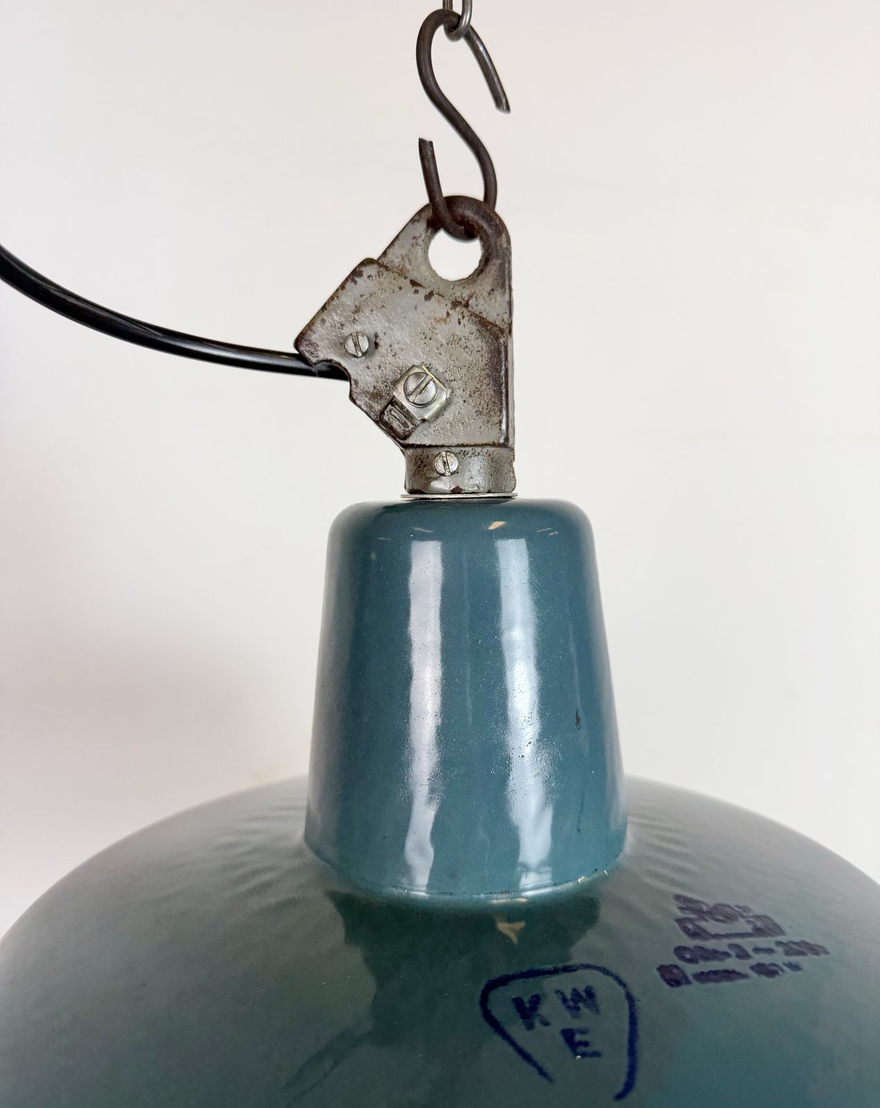 Industrial Petrol Enamel Factory Lamp With Cast Iron Top, 1960s, 10 X photo Lighting