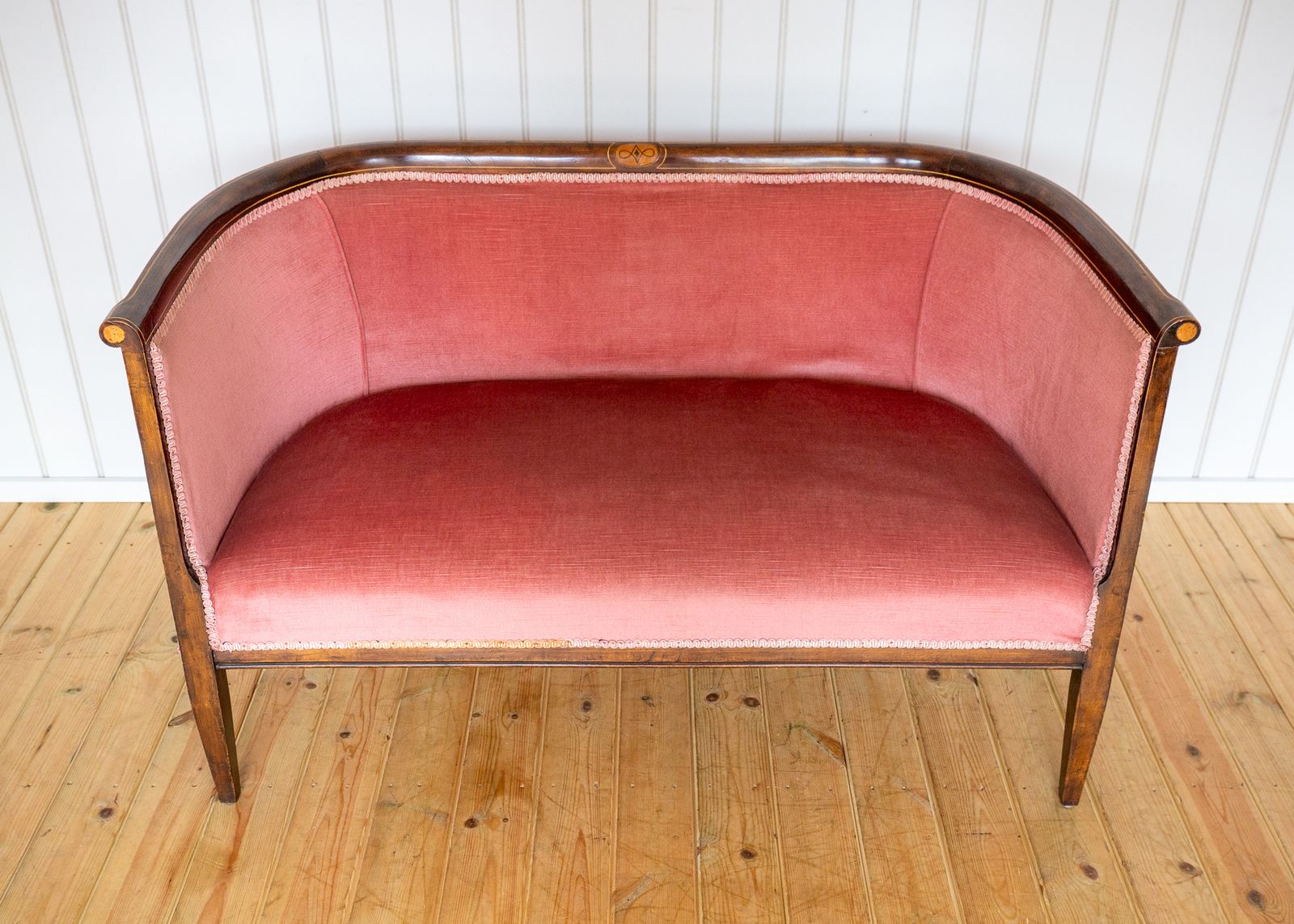 photo furniture Edwardian Mahogany Settee Barrel Back Pink Inlaid Tub Antiqu.E Art Nouvea.U 1910 Two Seater Sofa