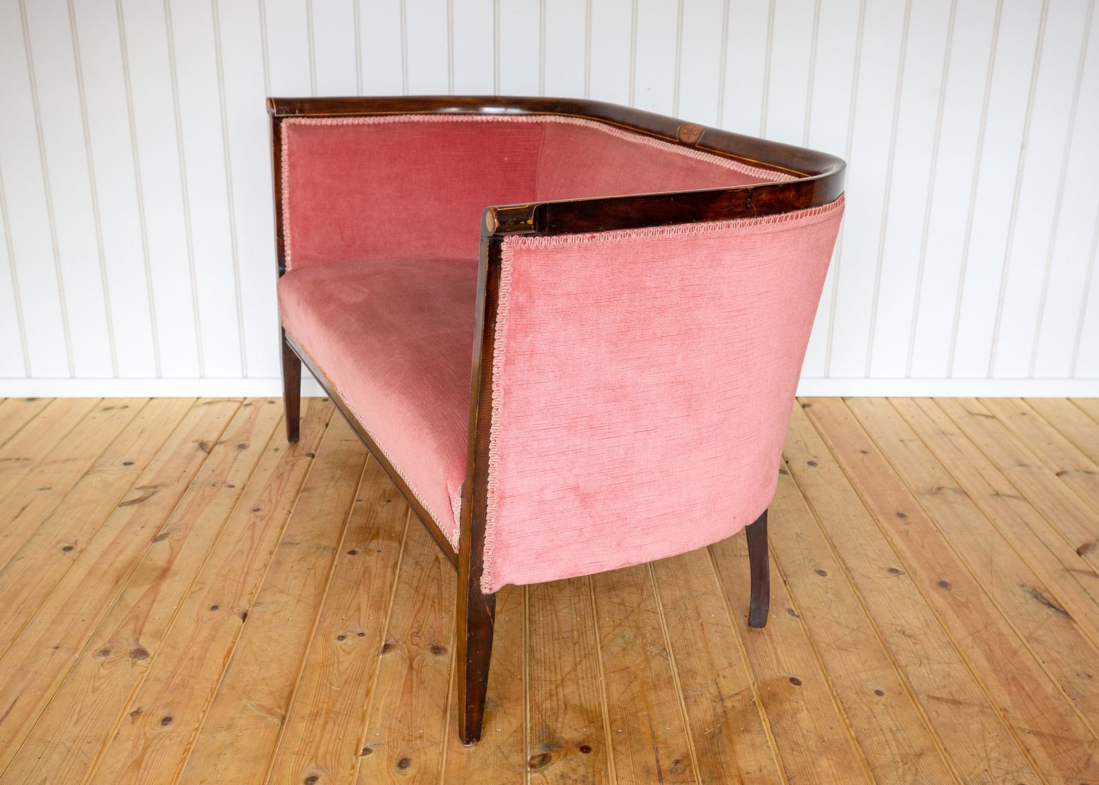 Edwardian Mahogany Settee Barrel Back Pink Inlaid Tub Antiqu.E Art Nouvea.U 1910 Two Seater Sofa photo buy