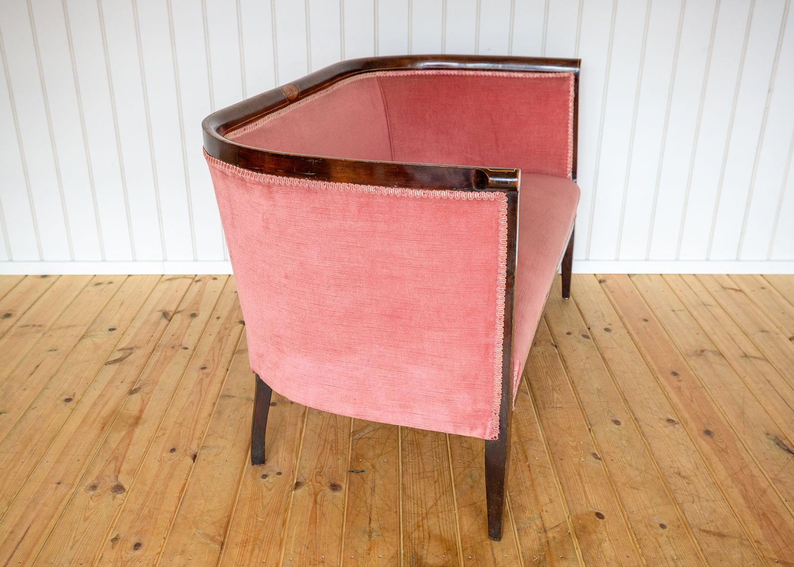 Edwardian Mahogany Settee Barrel Back Pink Inlaid Tub Antiqu.E Art Nouvea.U 1910 Two Seater Sofa photo vintage