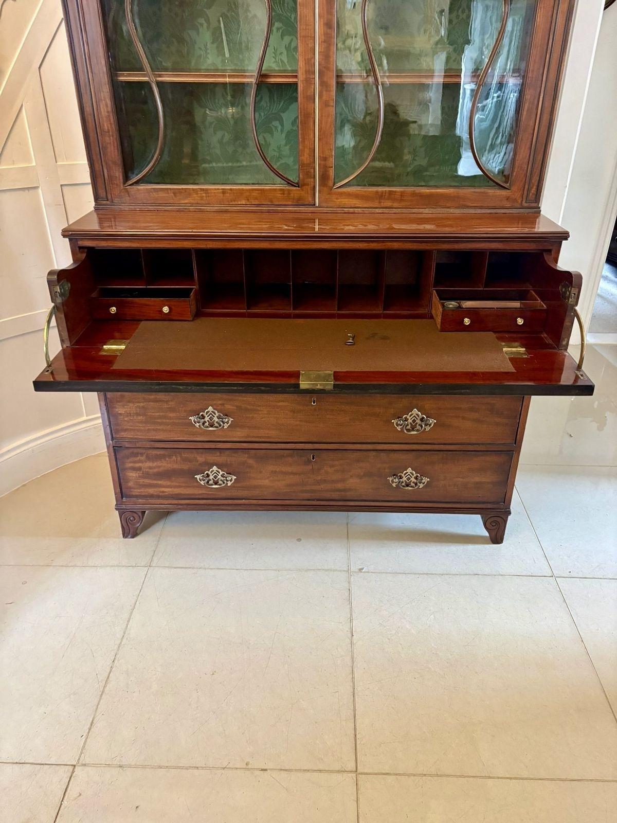 Antique Regency Figured Mahogany Secretaire Bookcase With Glazed Doors And Fitted Interior photo for sale