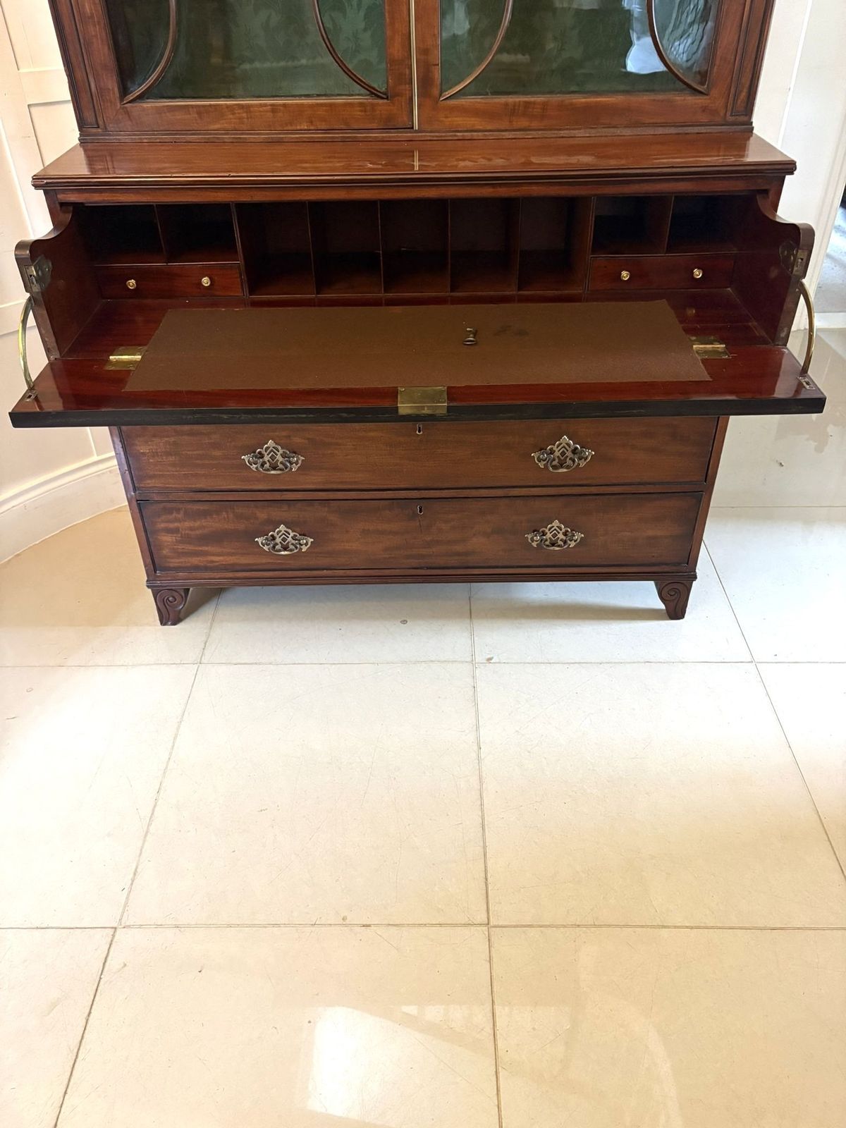 Antique Regency Figured Mahogany Secretaire Bookcase With Glazed Doors And Fitted Interior photo vinterior