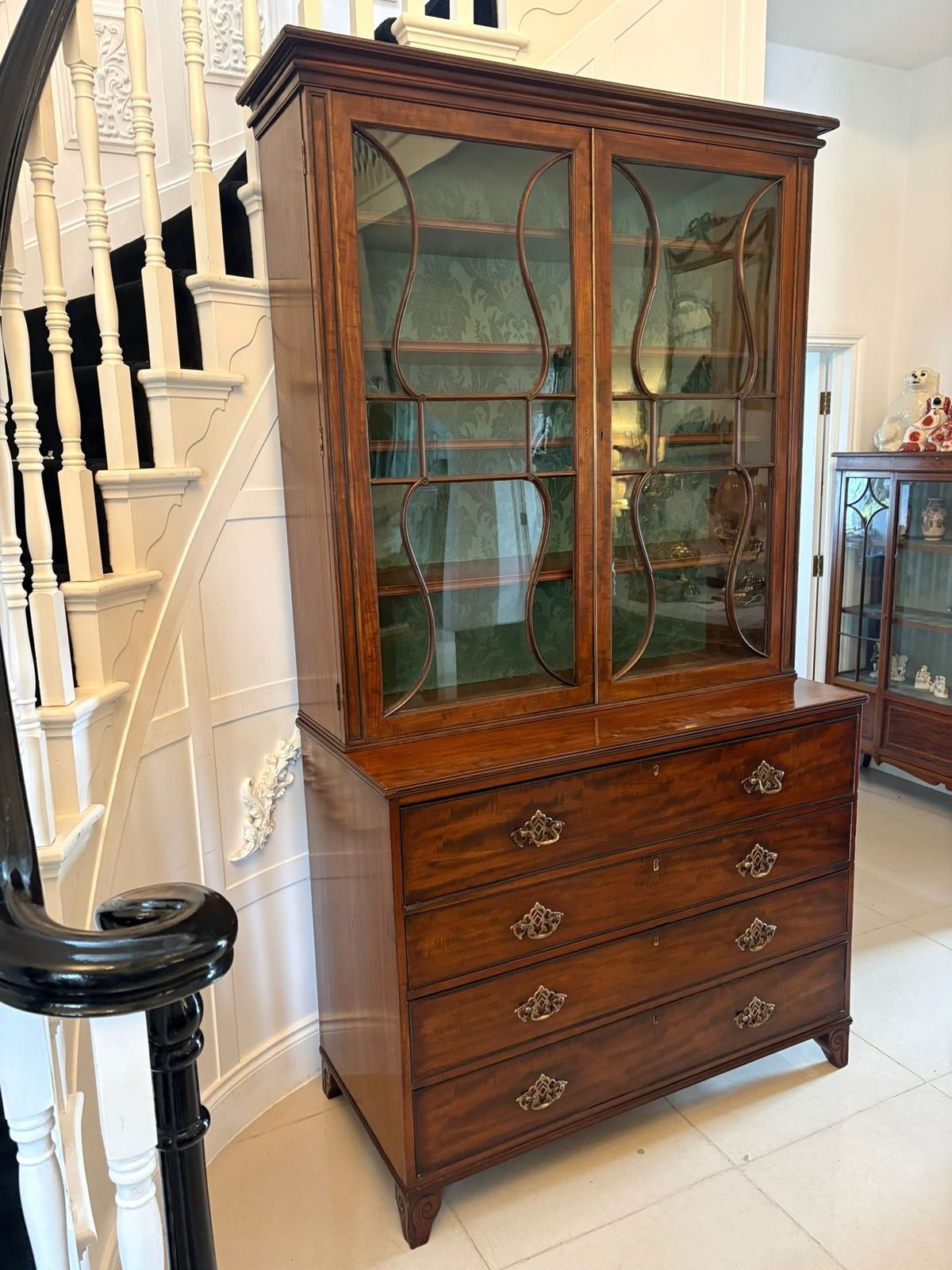 photo vintage Antique Regency Figured Mahogany Secretaire Bookcase With Glazed Doors And Fitted Interior