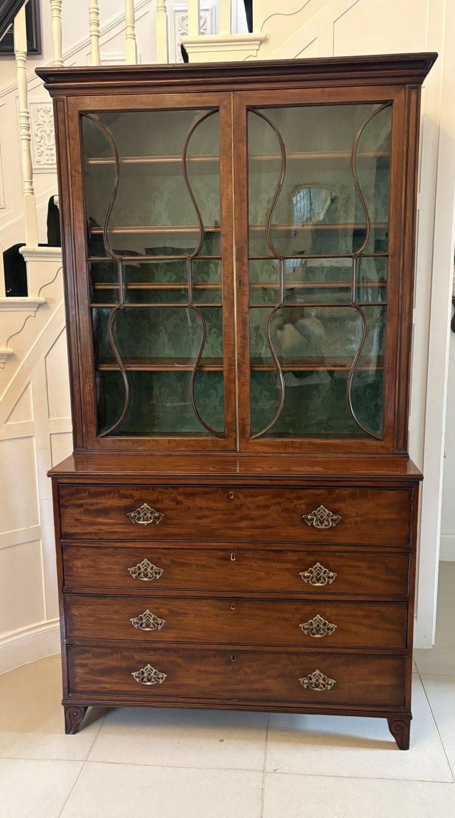 Antique Regency Figured Mahogany Secretaire Bookcase With Glazed Doors And Fitted Interior
