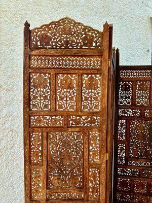 Carved Hardwood Four Panel Anglo Indian Folding Screen, 1890s photo Home Decor