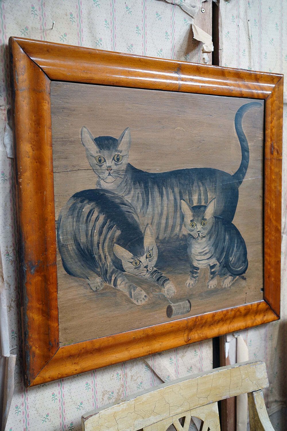 An Early 19thc English Naïve School Oil On Panel Of Kittens Playing With A Reel Of Thread C.1830 40 photo for sale