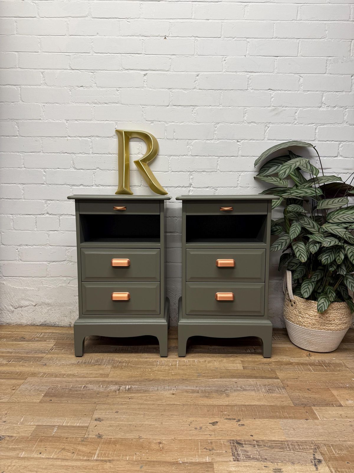 Stag Minstrel Bedside Tables Pair Painted Hornblende Green With Copper Handles | Tall Narrow Nightstands