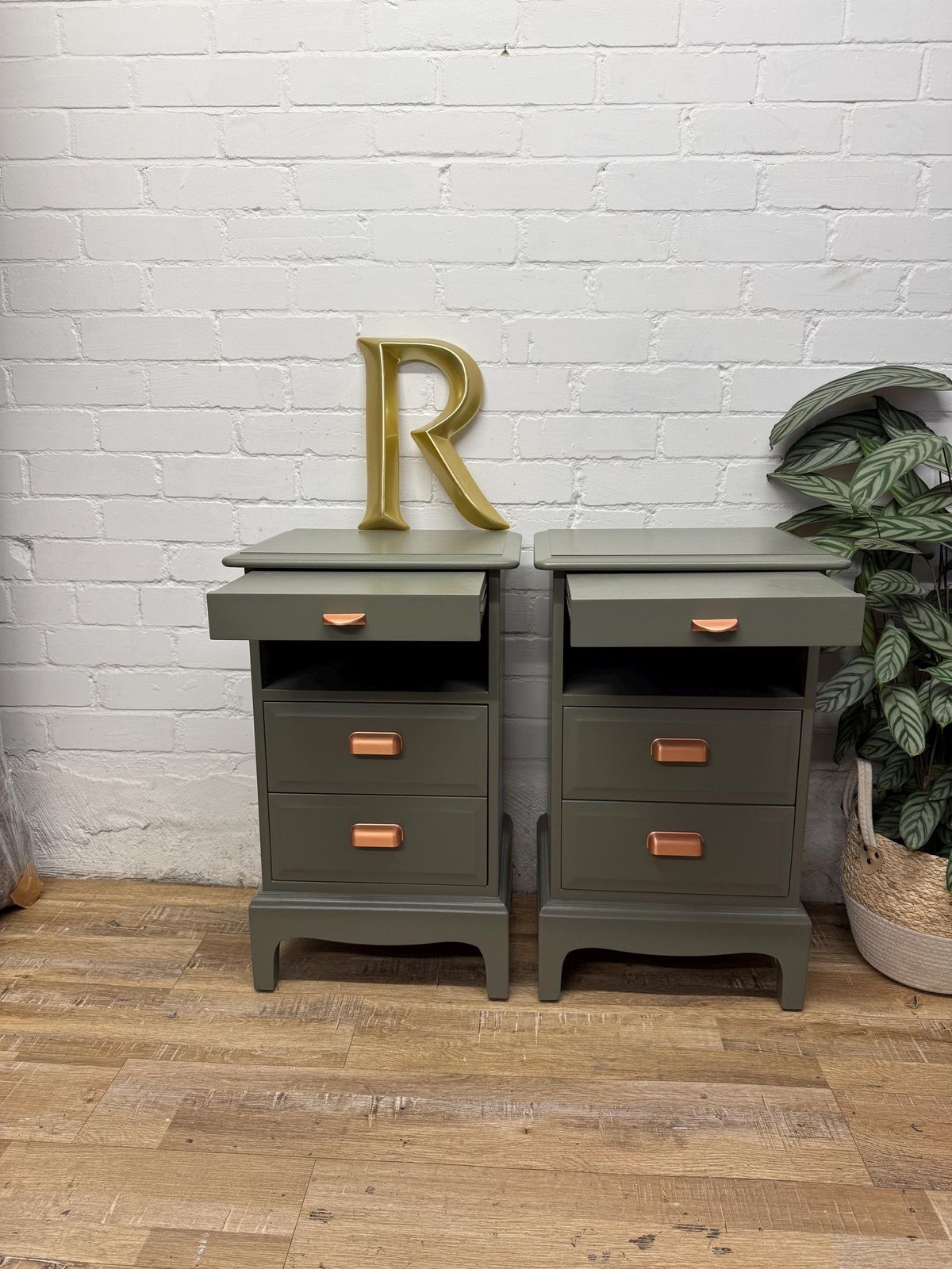 photo furniture Stag Minstrel Bedside Tables Pair Painted Hornblende Green With Copper Handles | Tall Narrow Nightstands