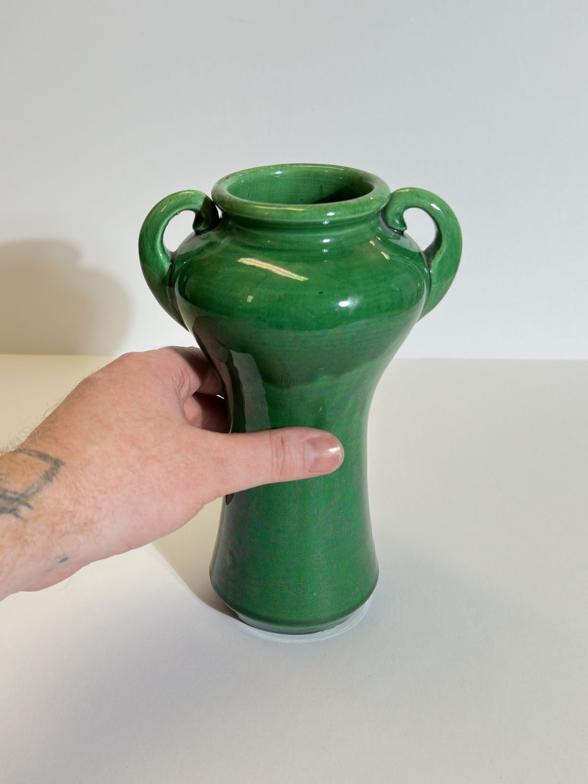 Green Glazed Art Nouveau Awaji Vase, Japanese Ceramic Plum Form photo vinterior