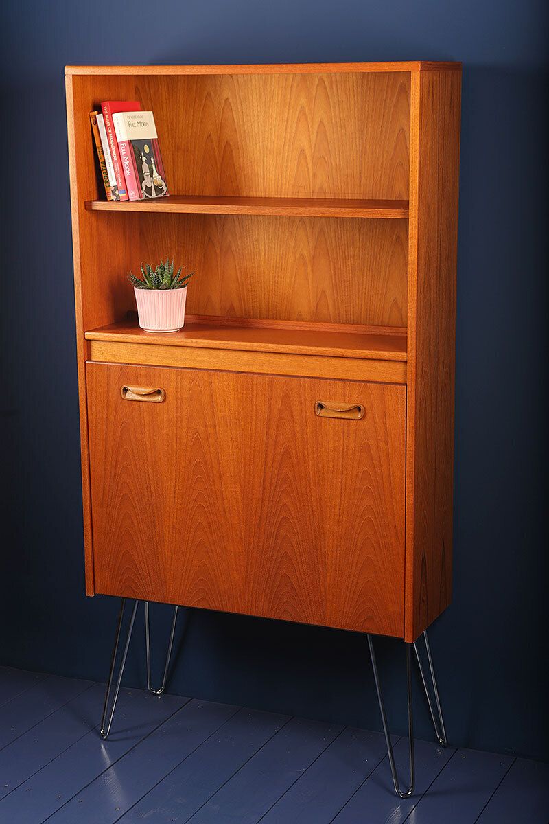 G Plan Fresco Mid Century Tall  Drinks Display Cabinet On Hairpin Or Tapered Teal Feet Legs 1970s photo Furniture