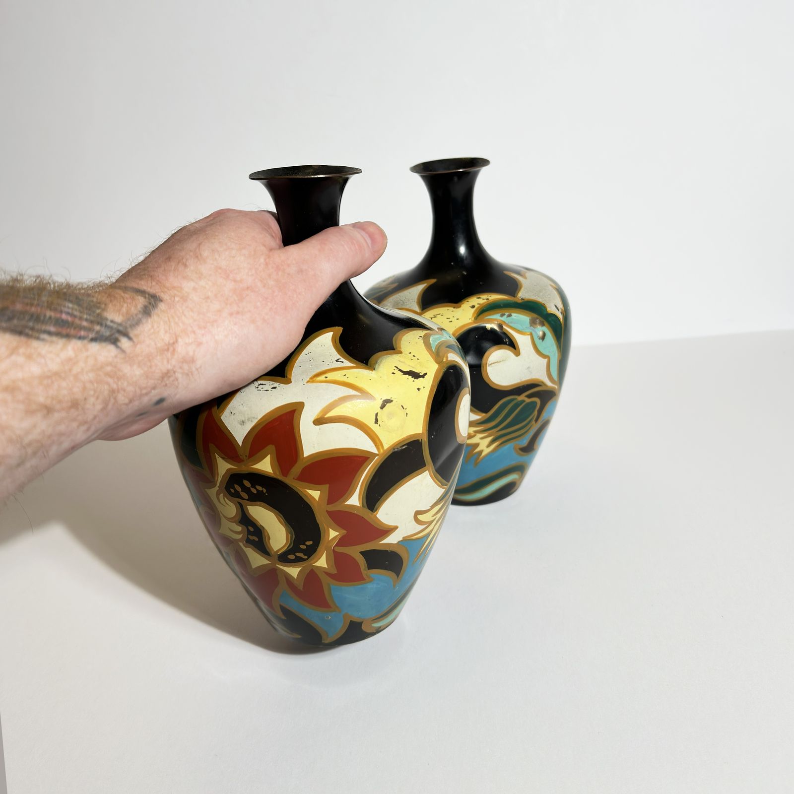 Pair Of Dutch Art Deco Enamelled Brass Vases By Metawa In Gouda Style, 1920s photo vinterior