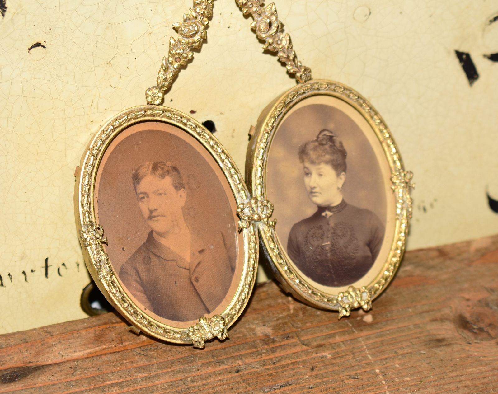 Antique French Brass Double Marriage Portrait Frame By Albert Bouchet, C. 1885 photo for sale