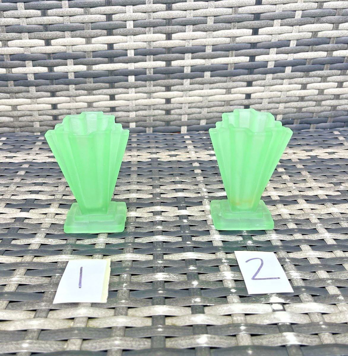 1 Small Art Deco Bagley Grantham 334 Uranium Glass Fanned Stepped Base Posy Vase photo 55.0