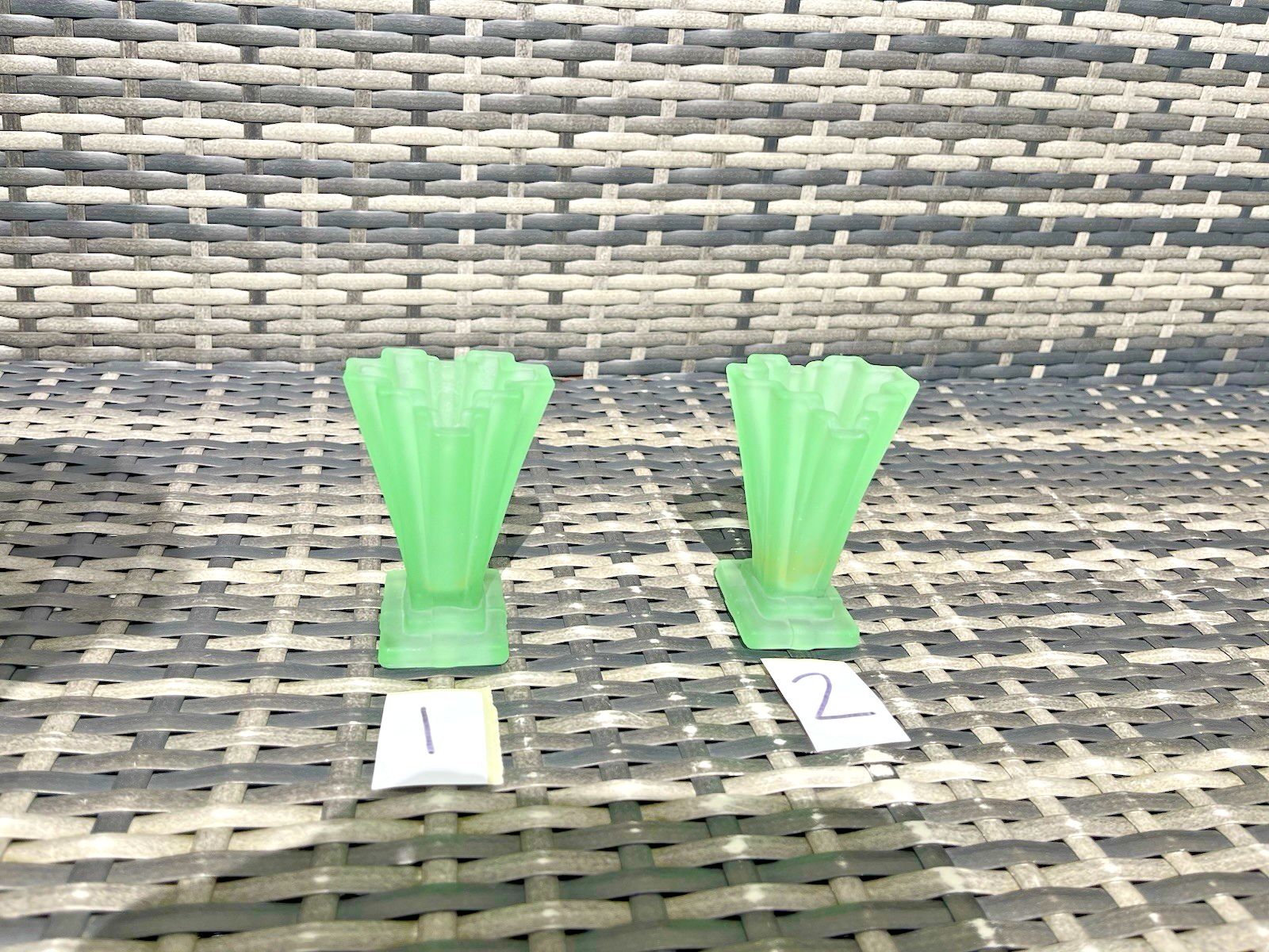55.0 1 Small Art Deco Bagley Grantham 334 Uranium Glass Fanned Stepped Base Posy Vase photo