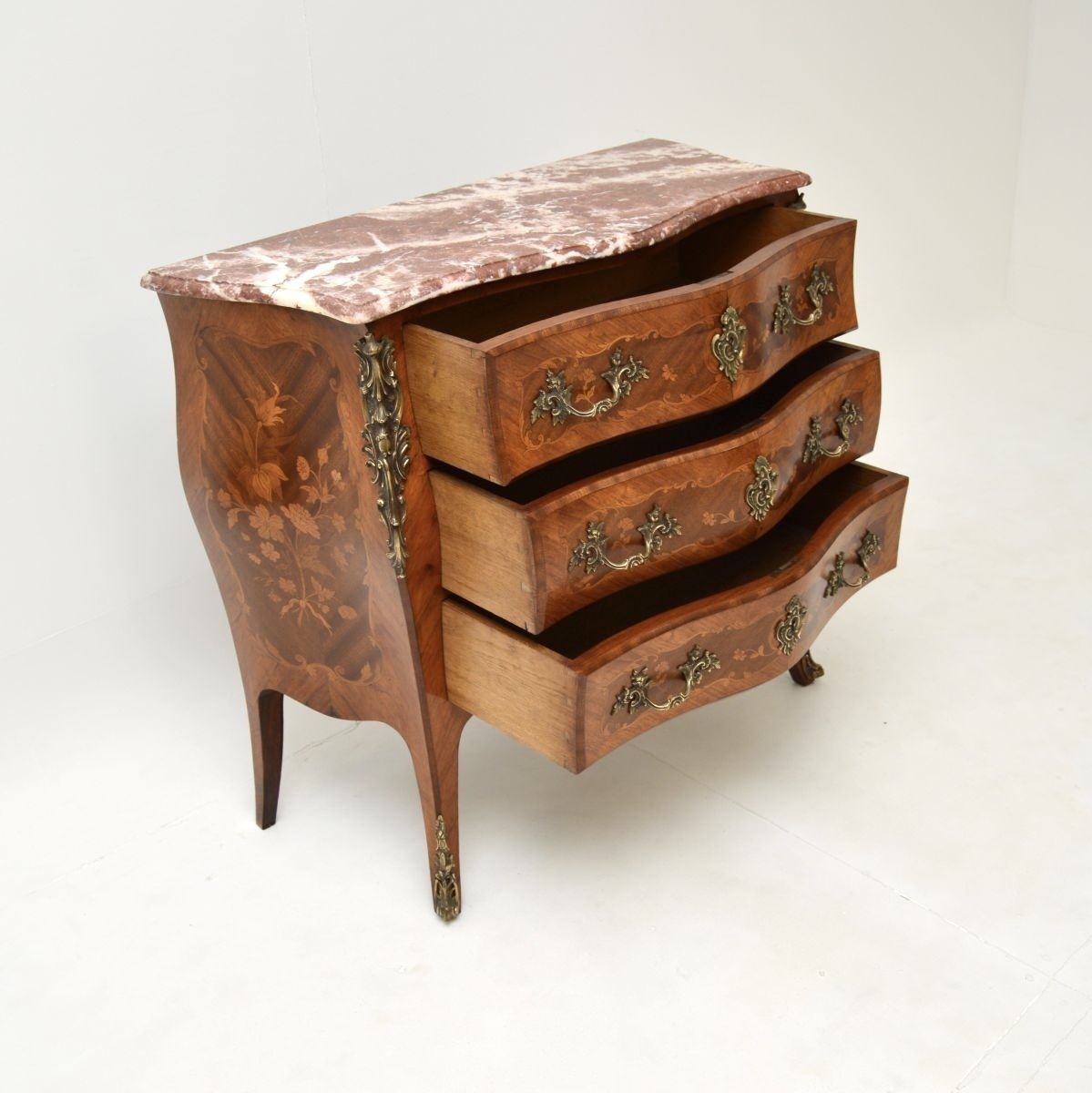 photo furniture Antique French Inlaid Marquetry Marble Top Bombe Commode
