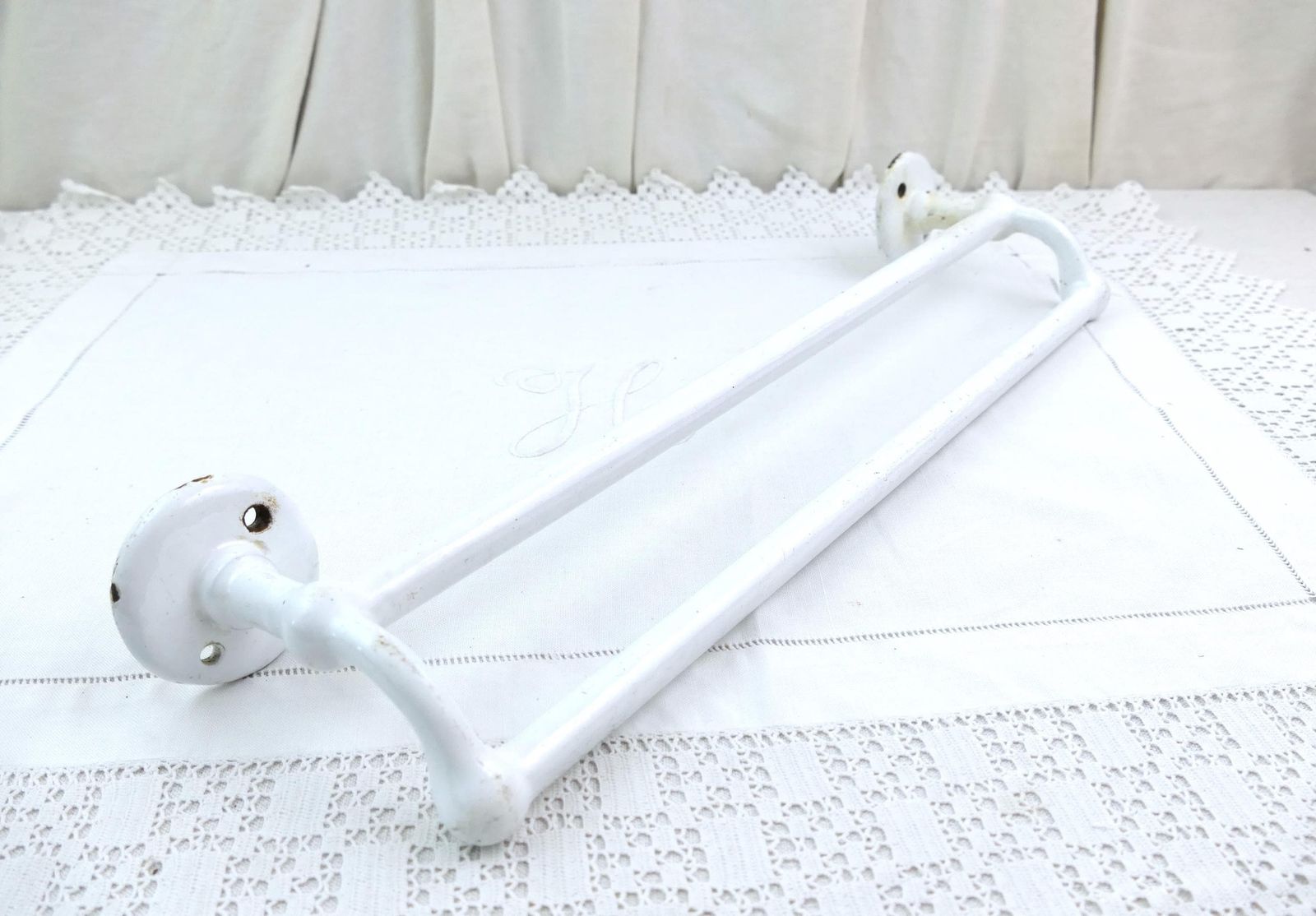 Large Antique Double French Vintage White Porcelain Enameled Bathroom Towel Rack, Retro Shabby Chateau Chic Bathroom Accessory From France