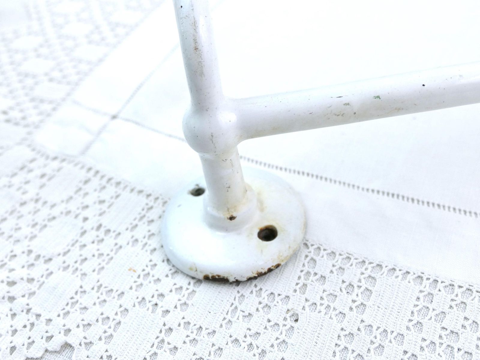 Large Antique Double French Vintage White Porcelain Enameled Bathroom Towel Rack, Retro Shabby Chateau Chic Bathroom Accessory From France photo vintage