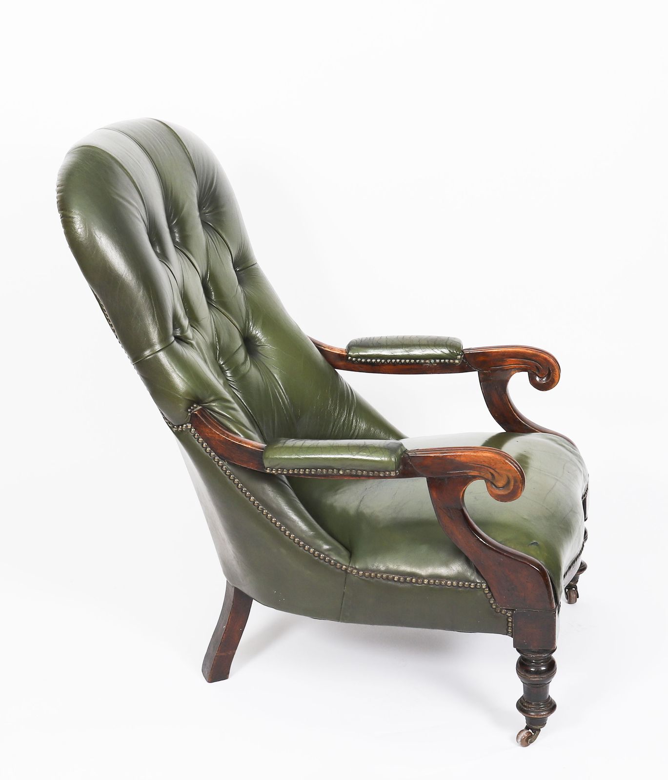 photo furniture Pair Victorian His & Hers Green Leather Armchairs 19th C