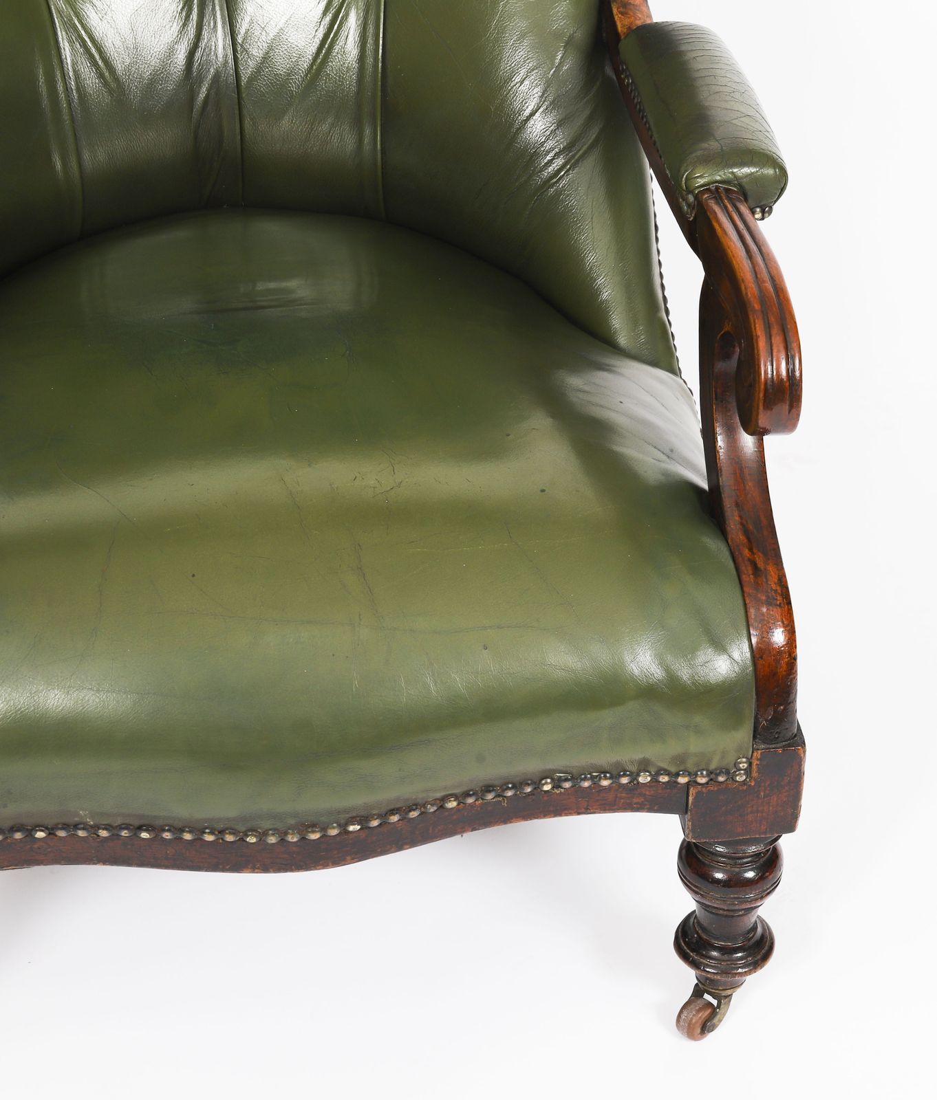 photo for sale Pair Victorian His & Hers Green Leather Armchairs 19th C