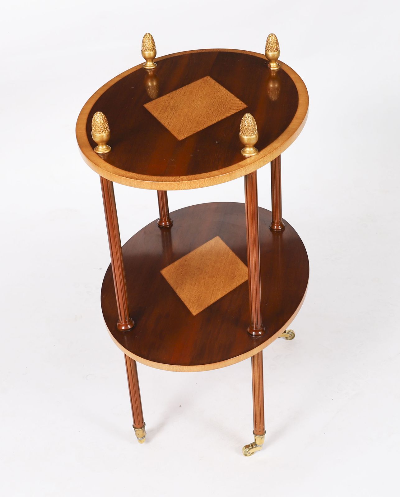 Vintage Pair Flame Mahogany & Satin Wood Etagere Occasional Tables 20th C photo for sale