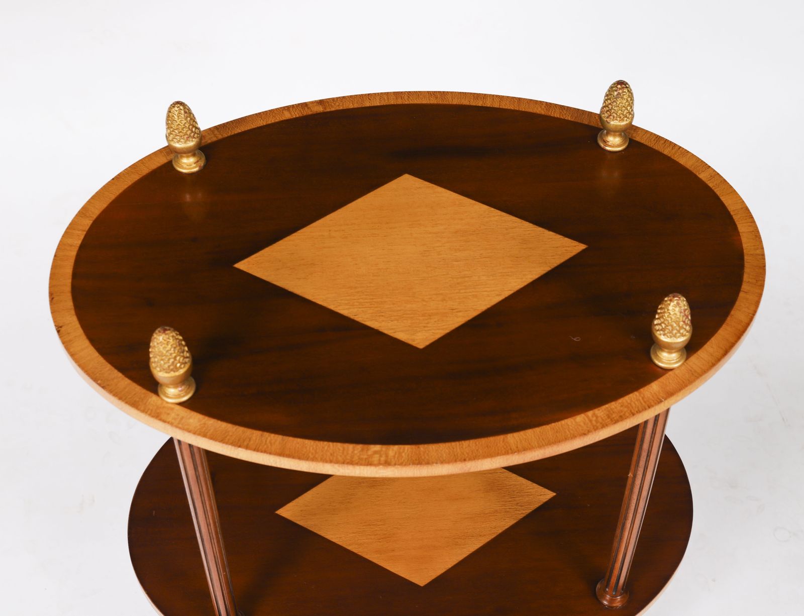 Vintage Pair Flame Mahogany & Satin Wood Etagere Occasional Tables 20th C photo vinterior