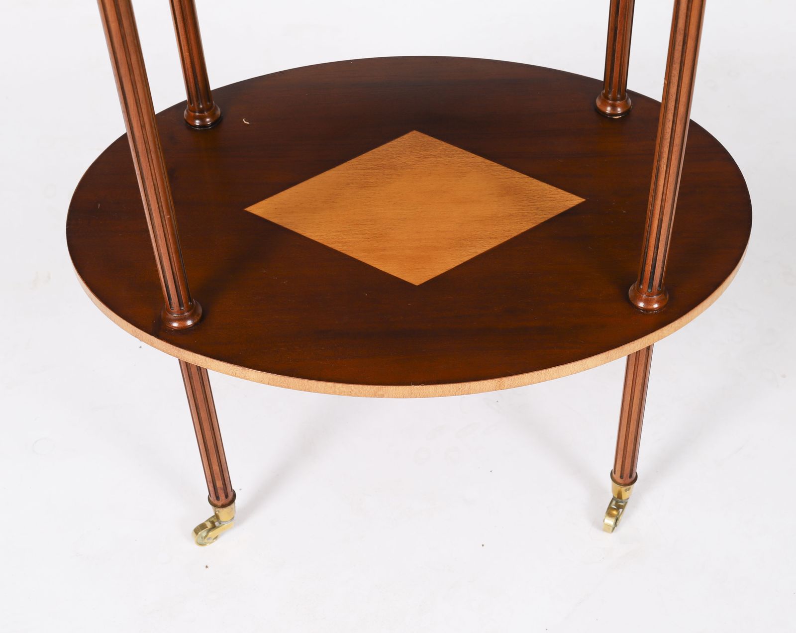 photo for sale Vintage Pair Flame Mahogany & Satin Wood Etagere Occasional Tables 20th C