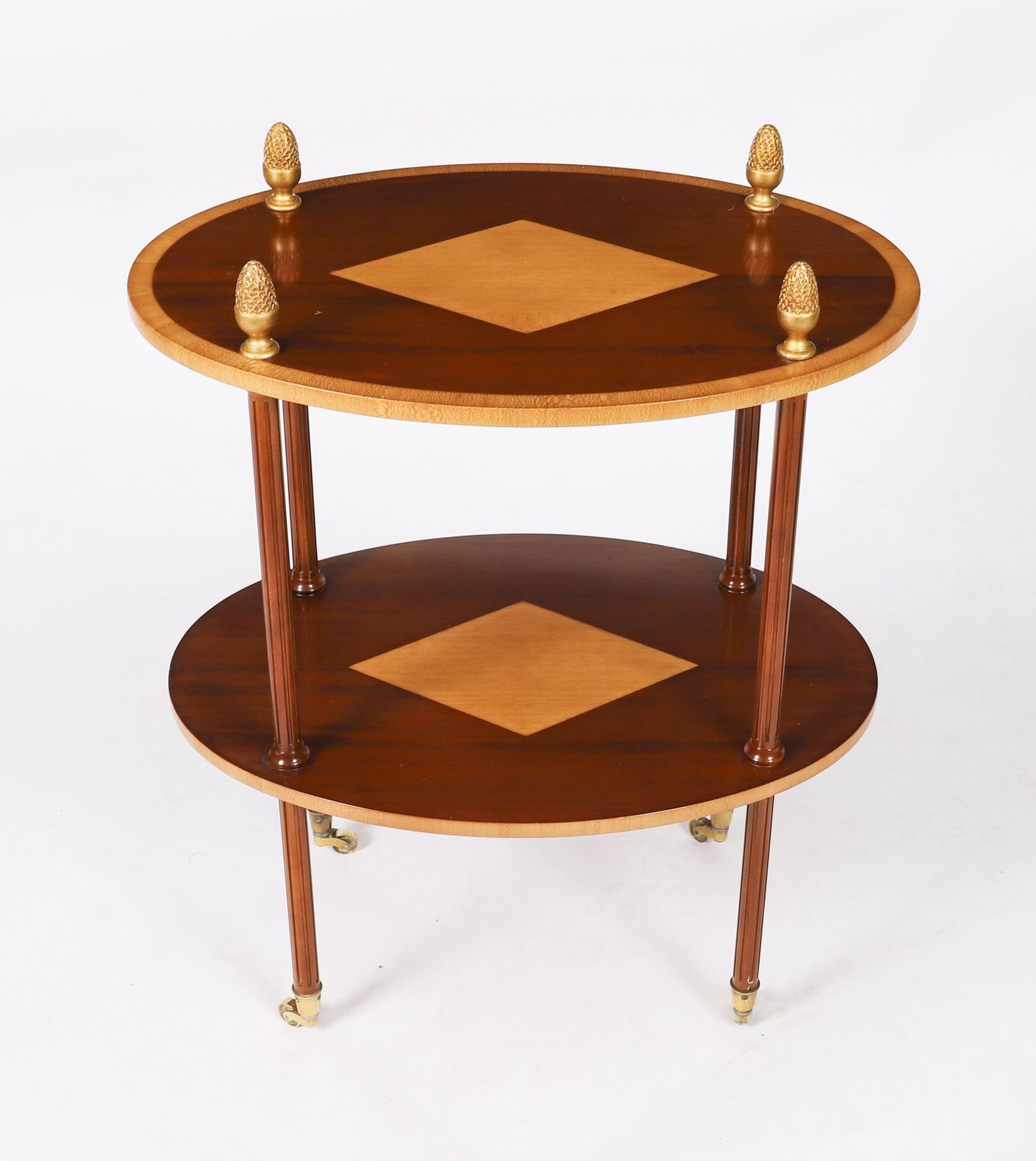 Furniture Vintage Pair Flame Mahogany & Satin Wood Etagere Occasional Tables 20th C photo