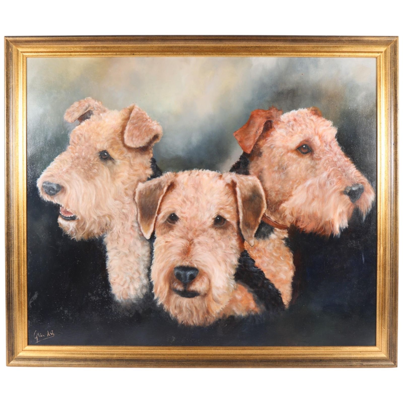 Oil Painting On Panel Of 3 Airedales, Signed Gillian Ash