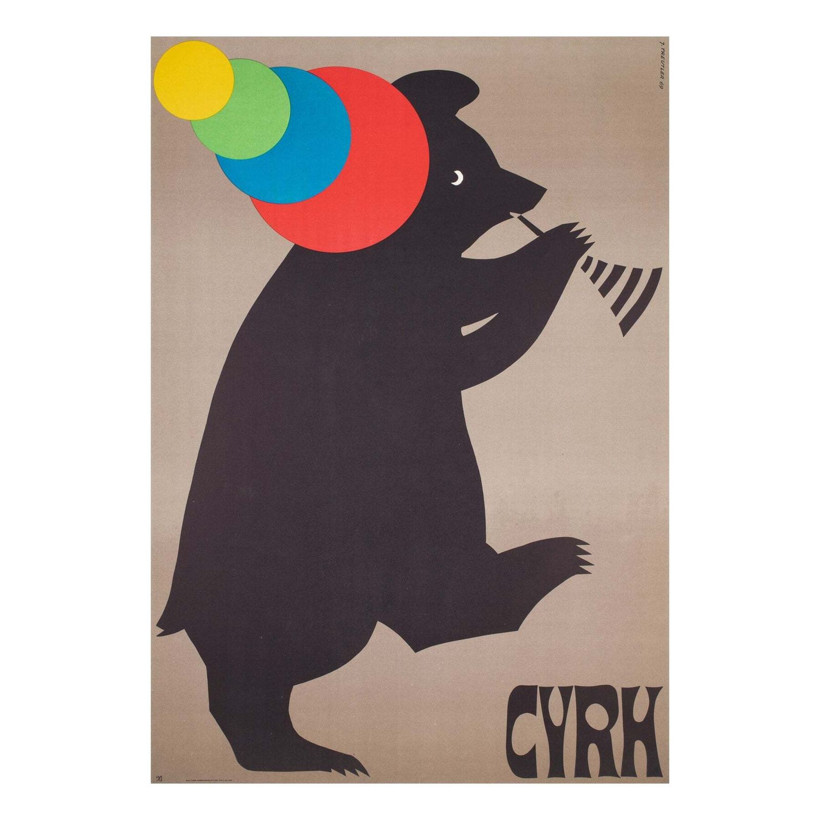 Pools, Vintage Cyrk/Circus Poster Trompet Spelende Beer 1969 Jerzy Treutler