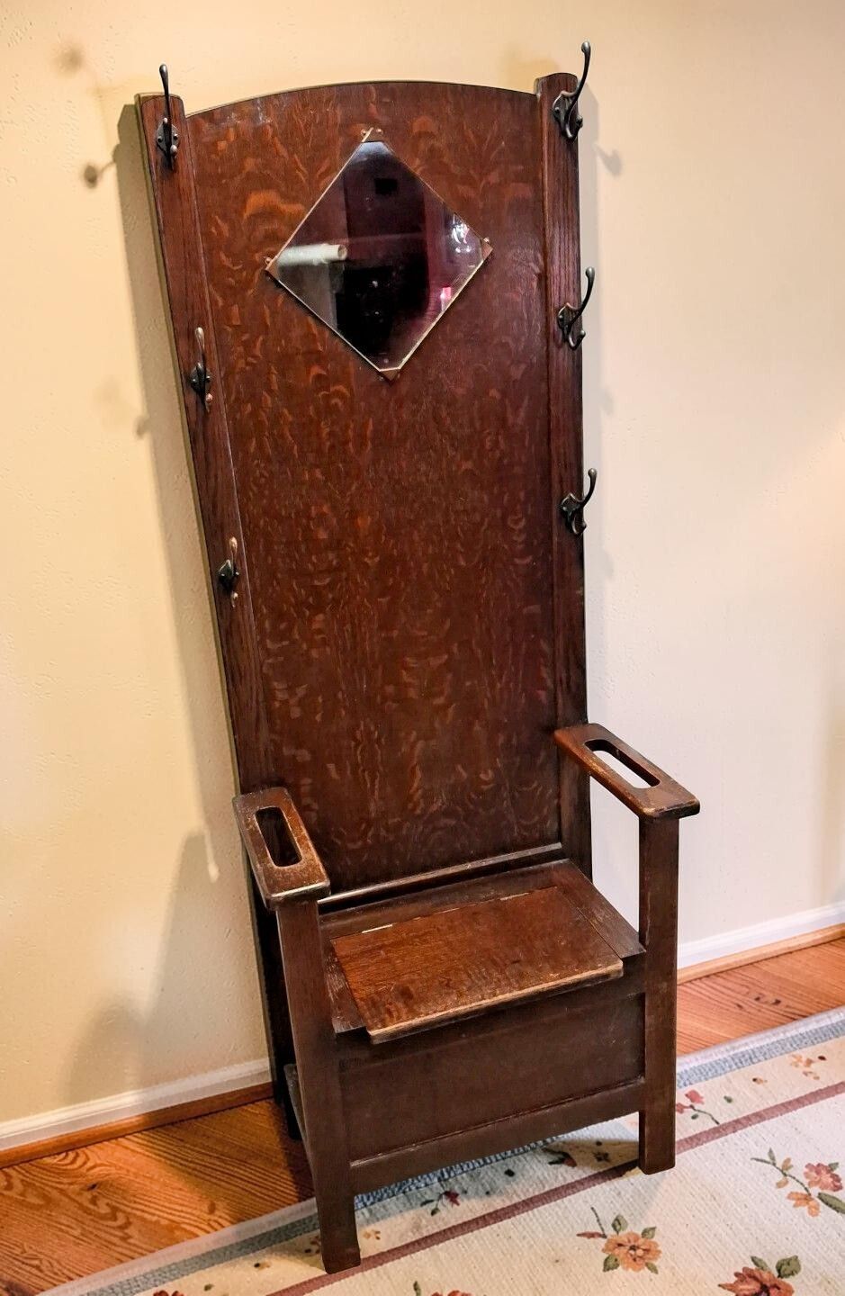Antique Art Deco Hall Stand Bench With Original Hooks And Drip Trays
