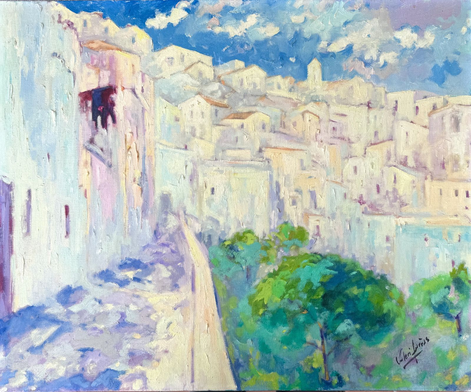 Valeri Farras Mediterraan Heuvelstadlandschap Expressionistisch Olieschilderij Catalaanse School Kunst Jaren 1990