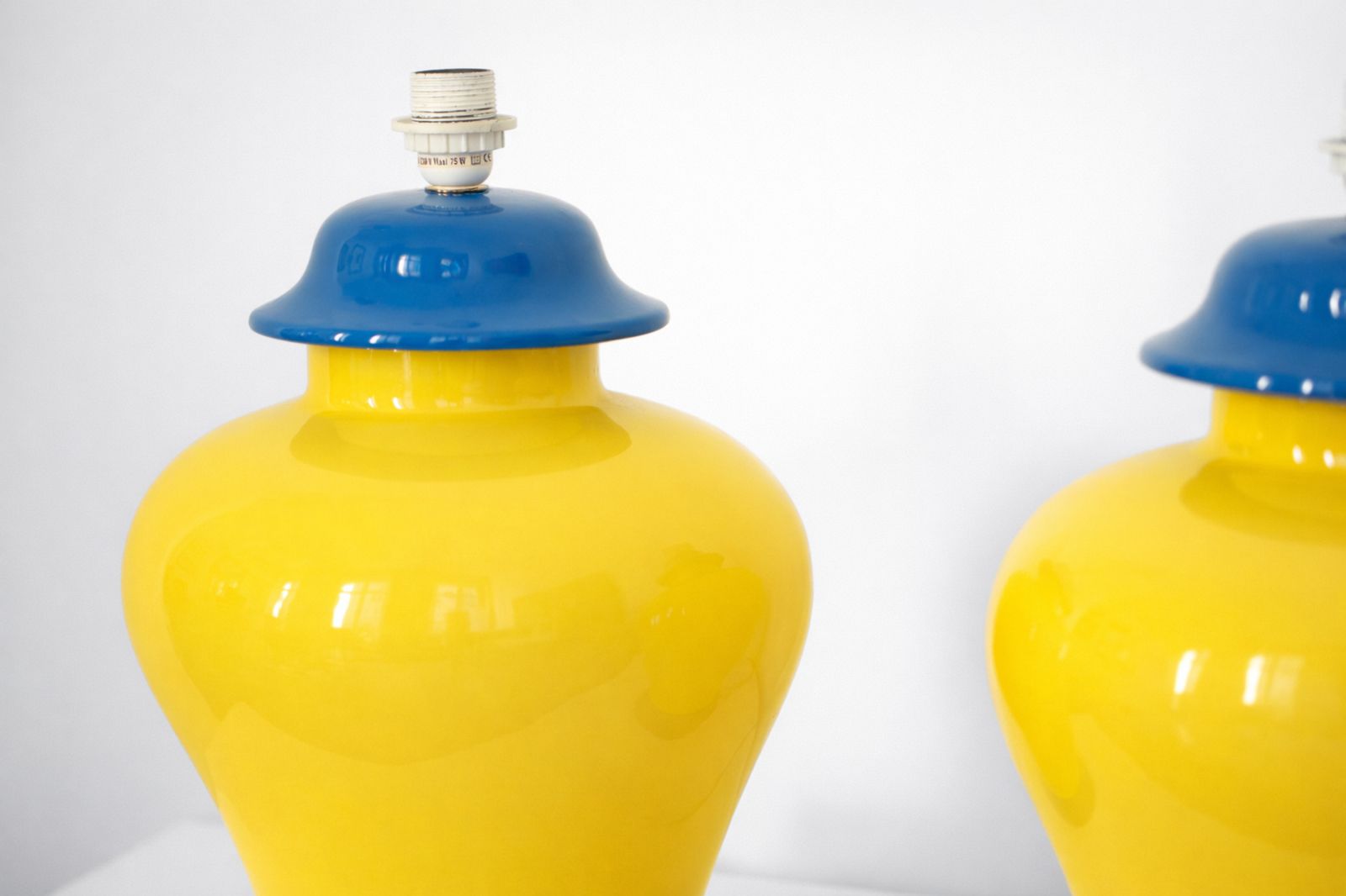 20th Century Pair Of French Glazed Ceramic, Table Lamps In Yellow & Cobalt Blue, Vintage Design photo vinterior